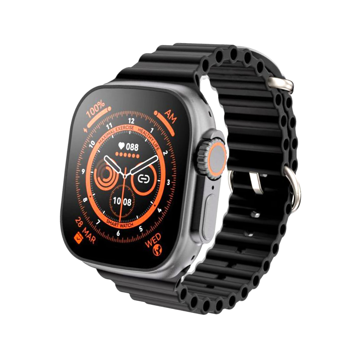 Un reloj inteligente plateado con una correa negra. El reloj muestra gráficos naranjas y negros.