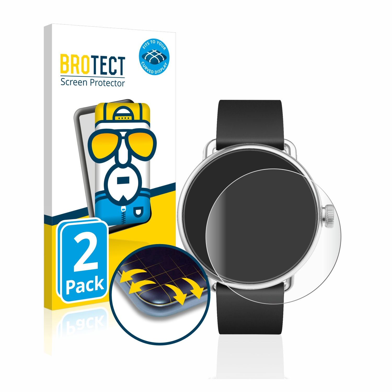 Schwarze Smartwatch mit Displayschutzfolie und Schachtel mit Branding. Weiß, gelb und schwarz.
