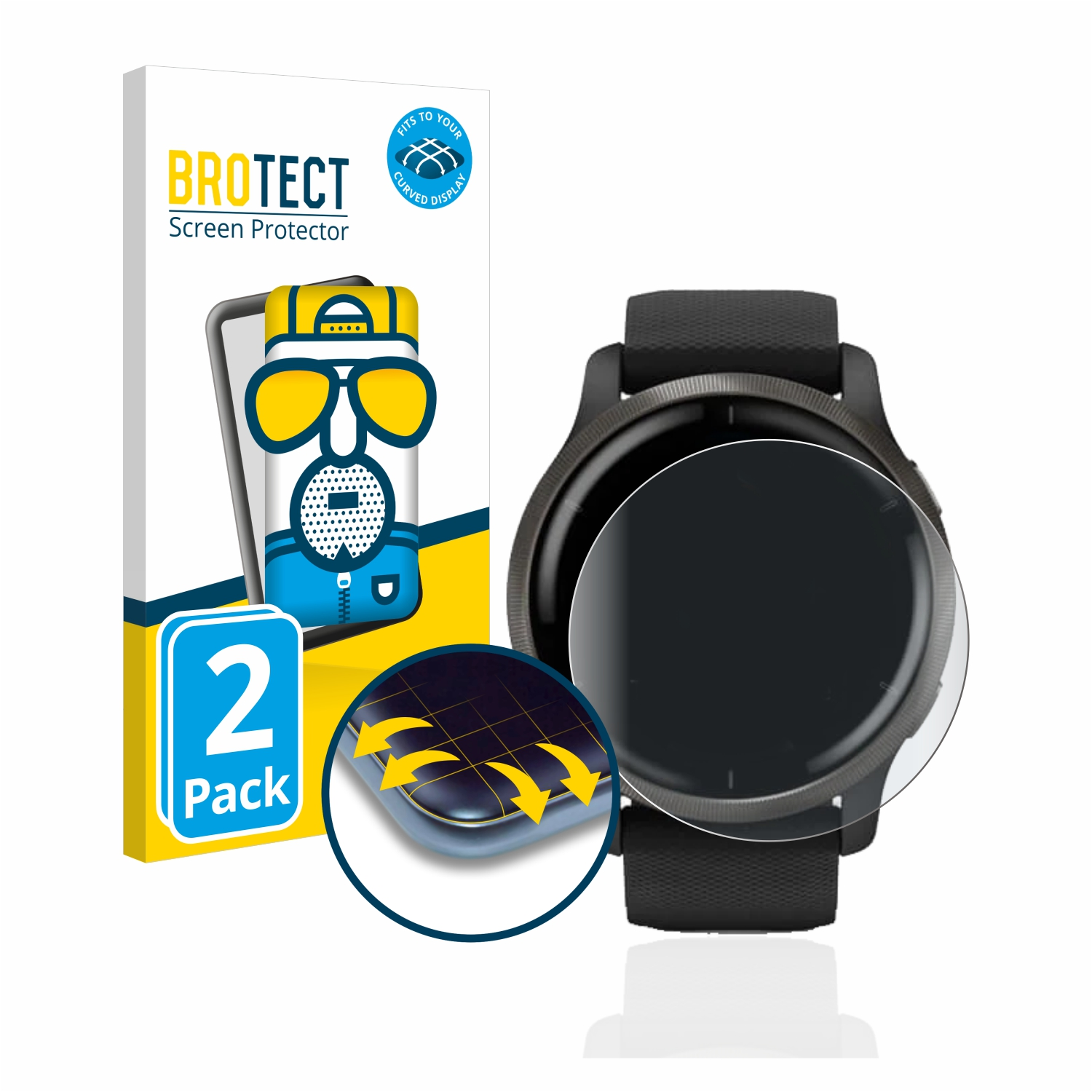 Smartwatch mit Displayschutzfolie und Verpackung mit 'BROTECT' und '2 Pack'-Etikett.