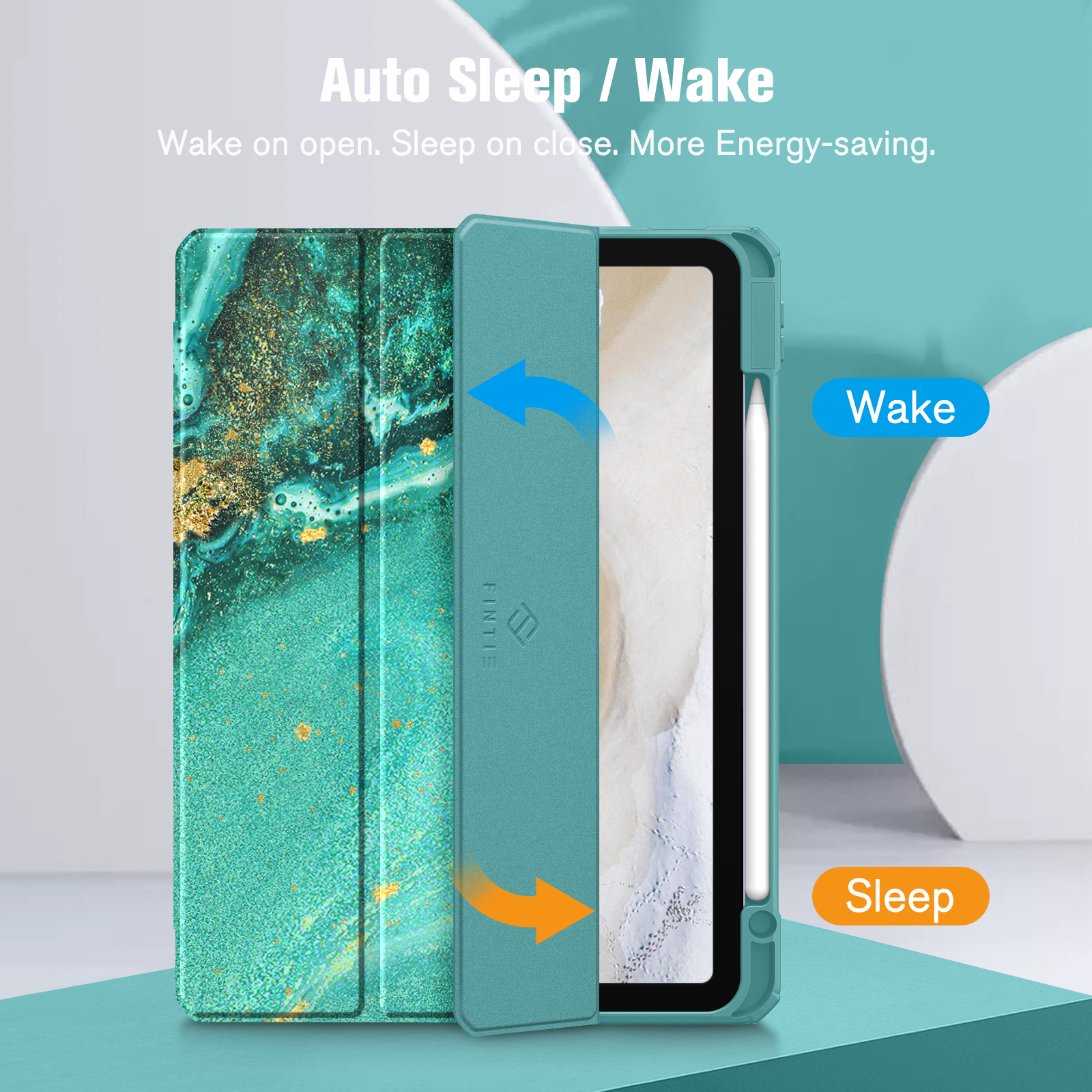 Eine Tablet-Hülle mit geöffneter Abdeckung, die eine türkis-marmorartige Außenseite und ein weißes Innere zeigt. Der Text sagt 'Wake'.