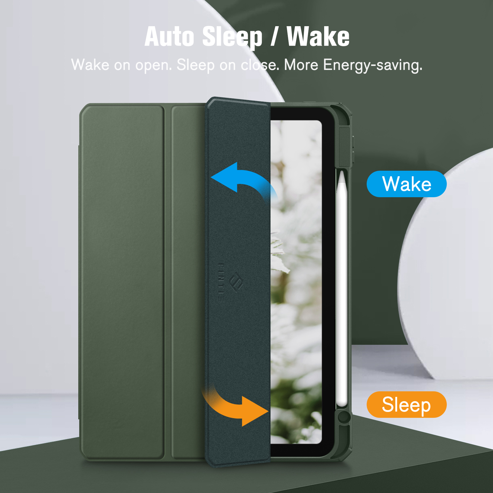Grüne iPad-Hülle mit geöffneter Abdeckung. Text: Auto Sleep/Wake.