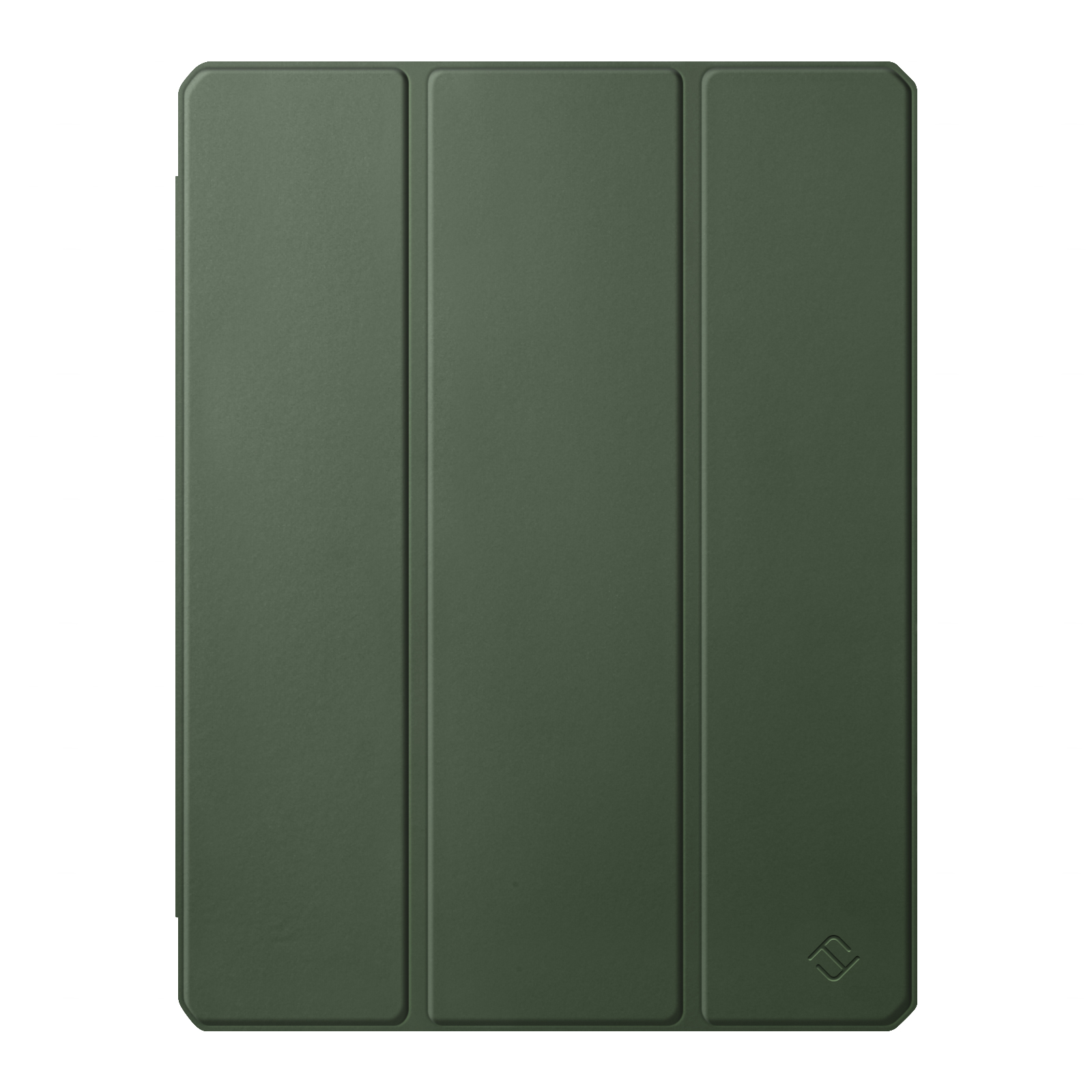 Grüne Tablethülle geschlossen, mit einem Logo in der unteren rechten Ecke.