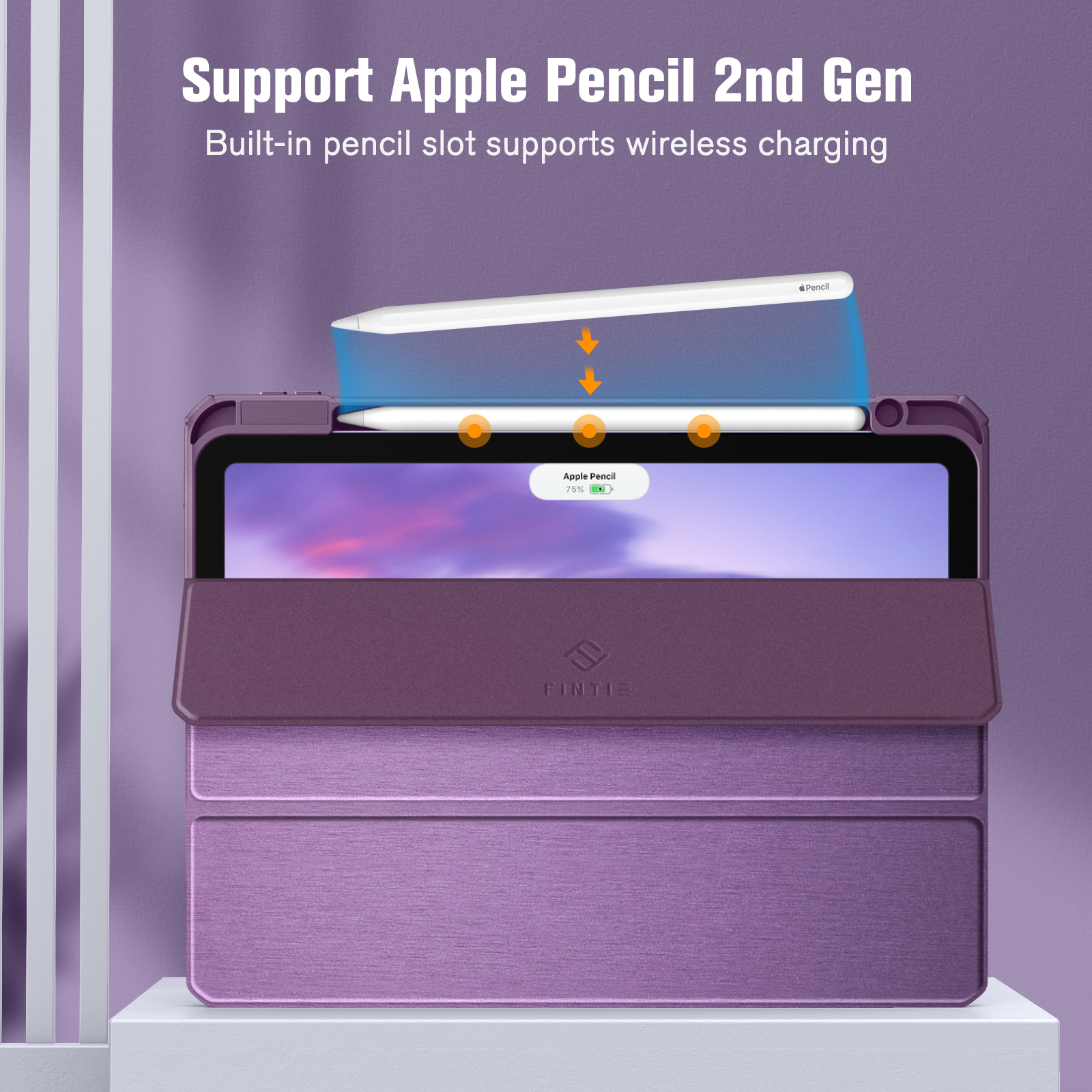 Lila iPad-Hülle, die den Apple Pencil unterstützt. Die Hülle hat einen integrierten Stiftschlitz zum kabellosen Laden.