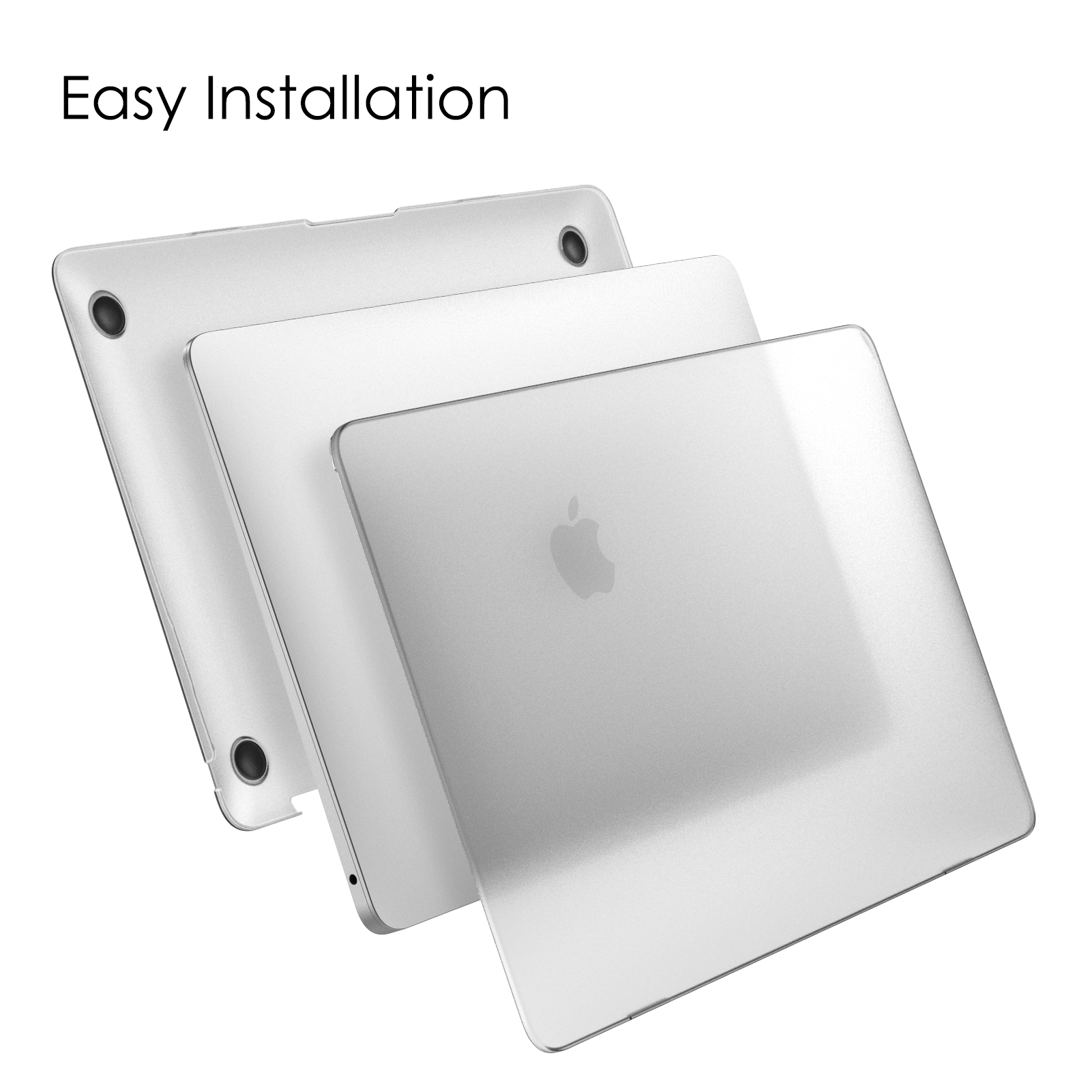 Drei silberne Laptop-Hüllen mit Apple-Logo, gestapelt, Text 'Easy Installation'.