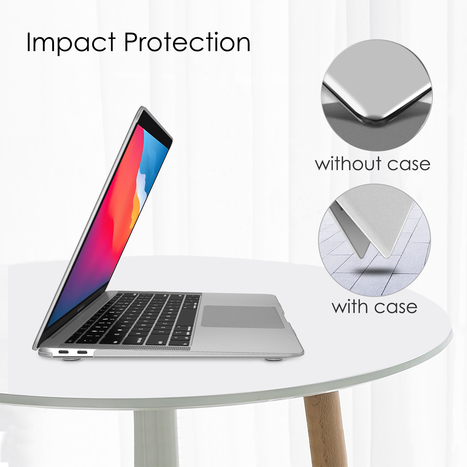 Laptop auf einem weißen Tisch. Auf der rechten Seite wird ein Gehäuse ohne und mit Gehäuse gezeigt.