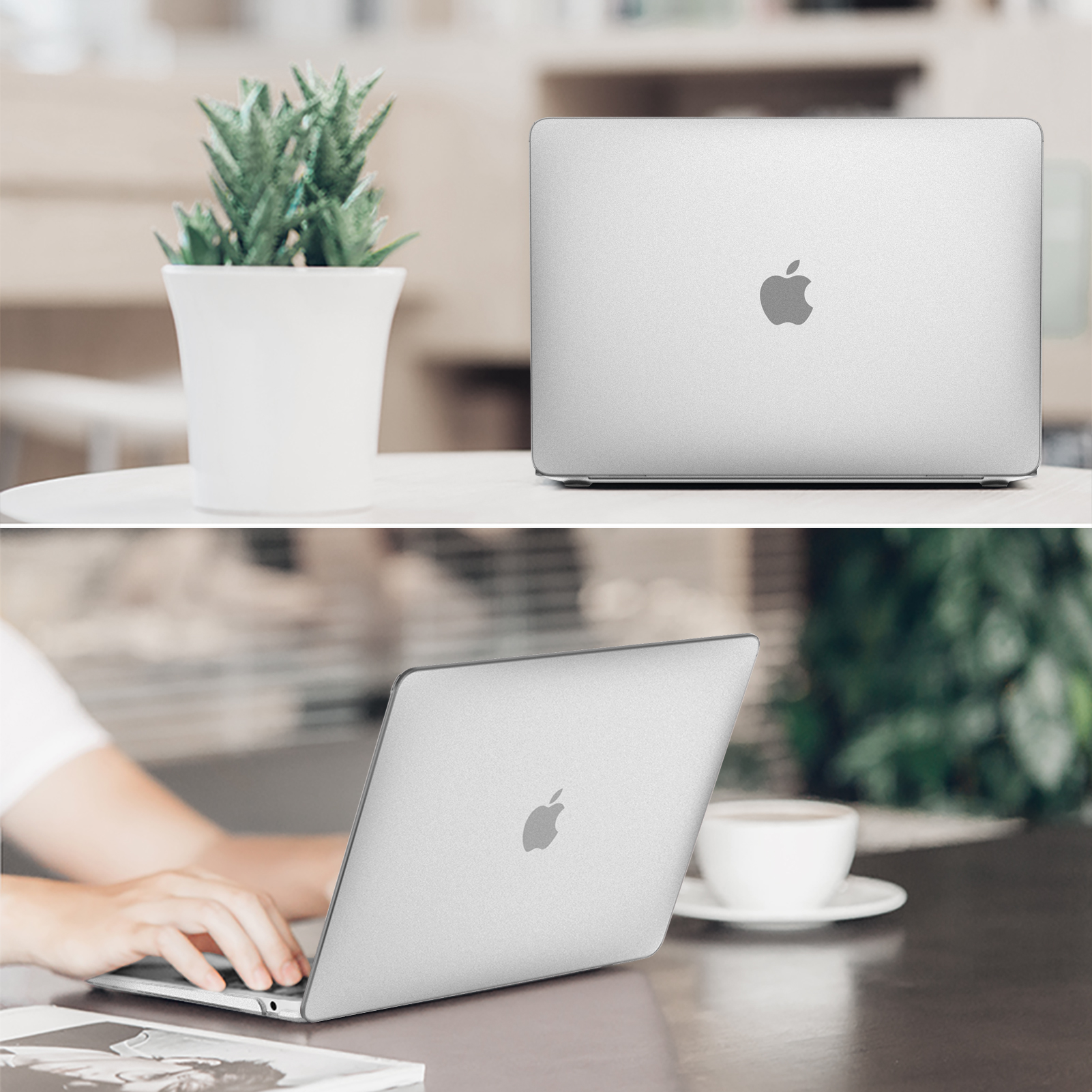 Zwei Bilder, die einen silbernen Laptop zeigen. Der Laptop ist im oberen Bild geschlossen und im unteren geöffnet.