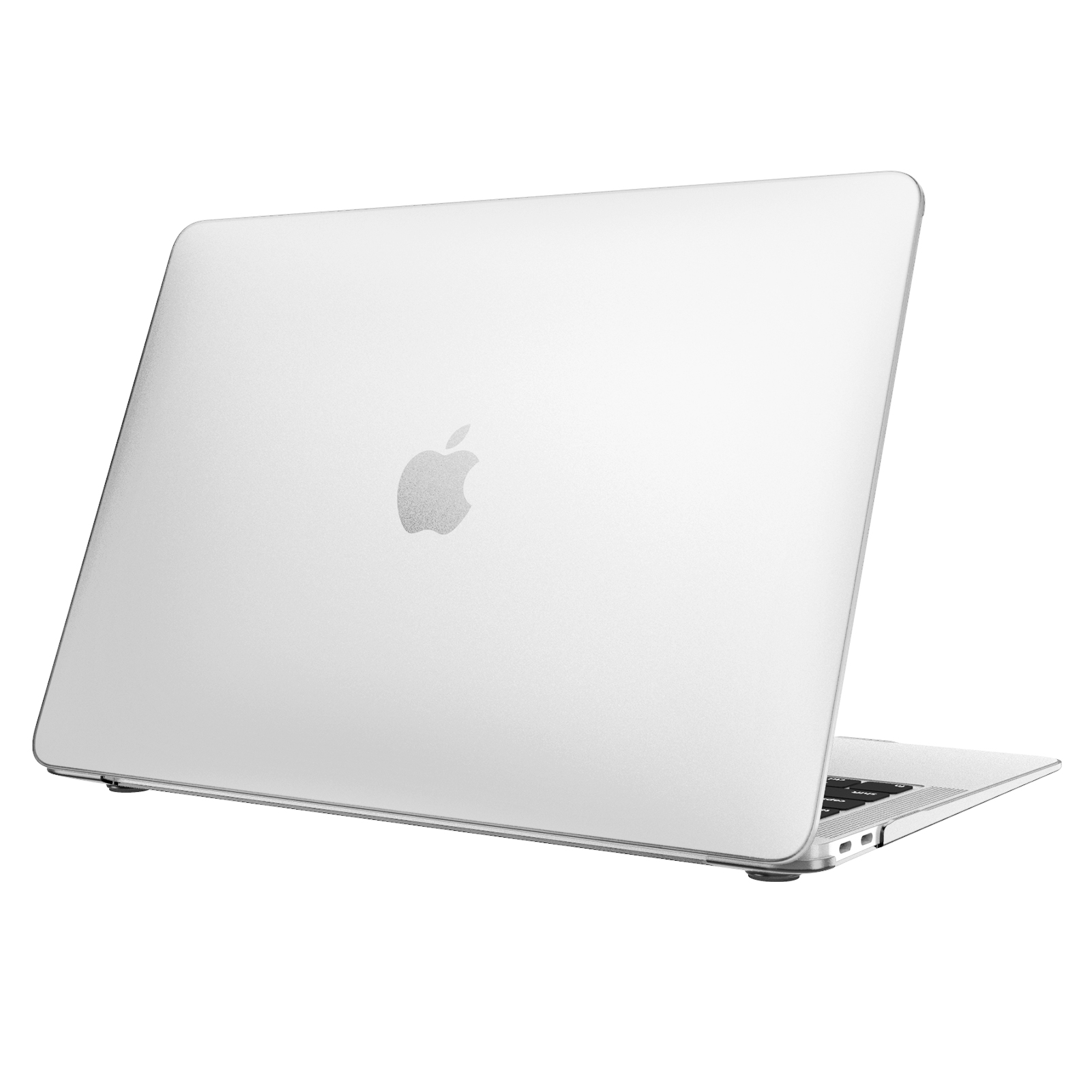 Ein silbernes MacBook mit dem Apple-Logo auf weißem Hintergrund.