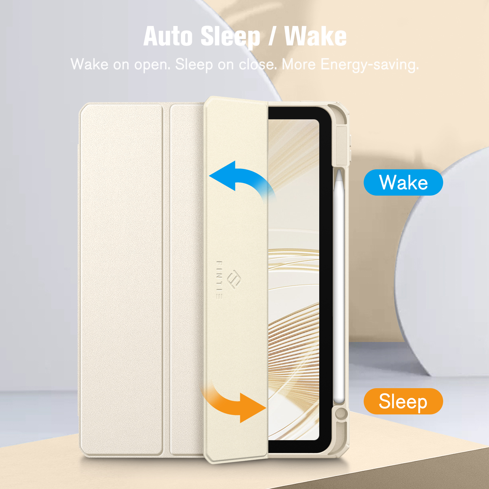 Cremefarbene iPad-Hülle mit Stift. Geöffnet und geschlossen, zeigt Wake/Sleep-Funktion.