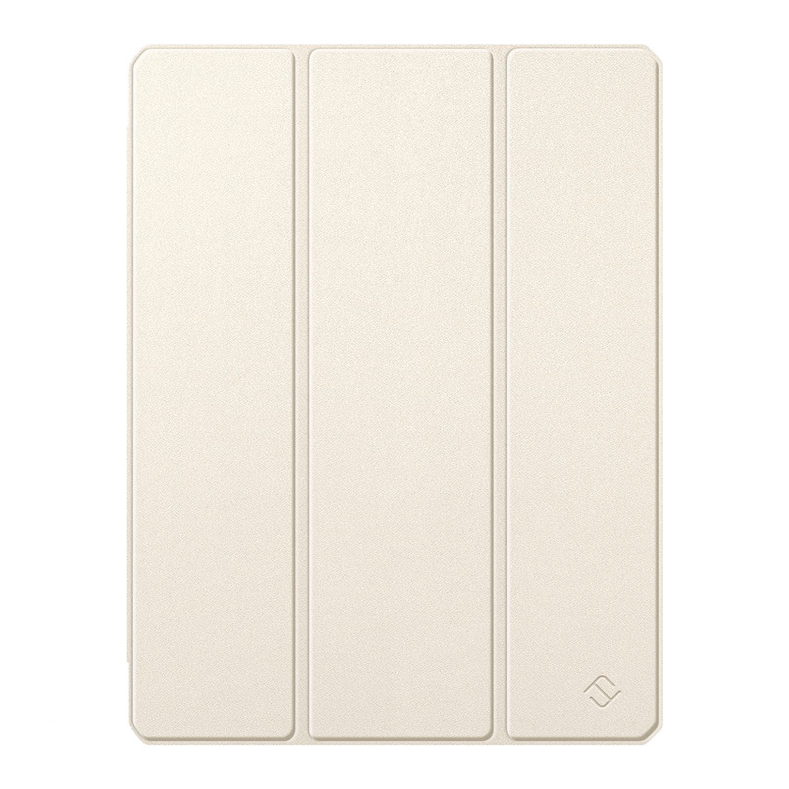 Beige Tablet-Hülle gefaltet, mit drei Paneelen und einem Logo rechts unten.