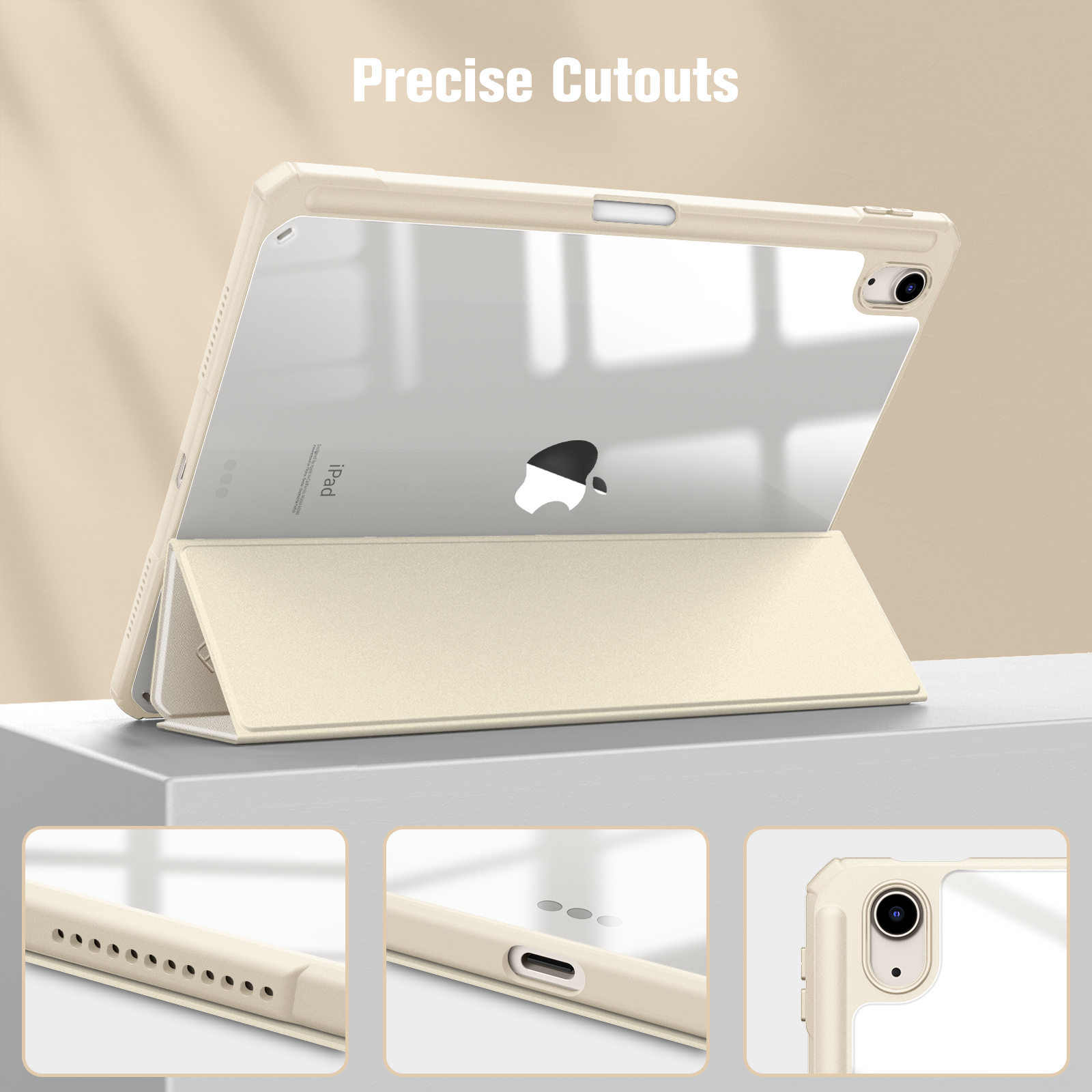 Beige iPad-Hülle mit transparentem Rücken. Präzise Aussparungen und Standfunktion.