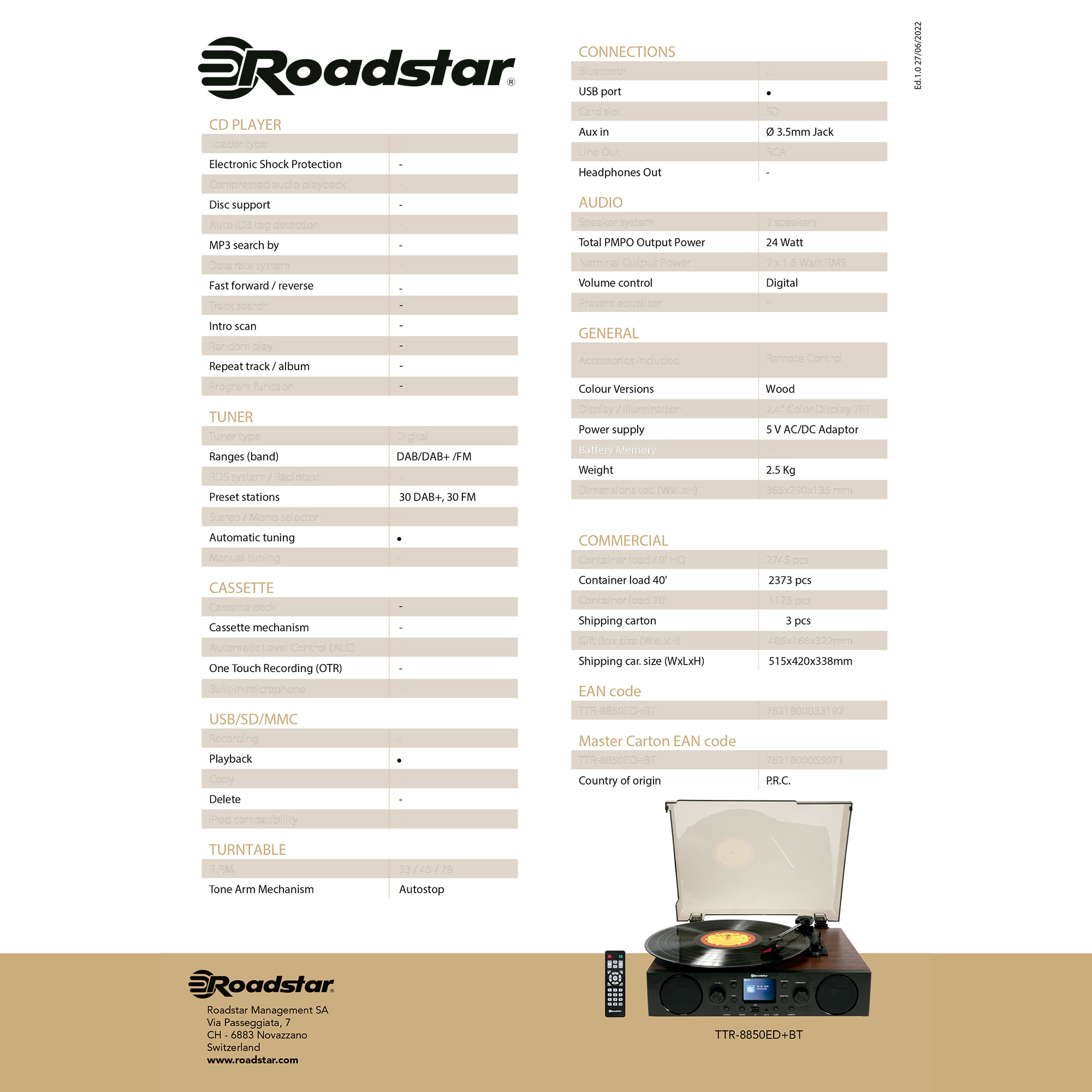 ROADSTAR Retro TTR-8850ED+BT Vintage Vinyl-Plattenspieler Schwarz Holz