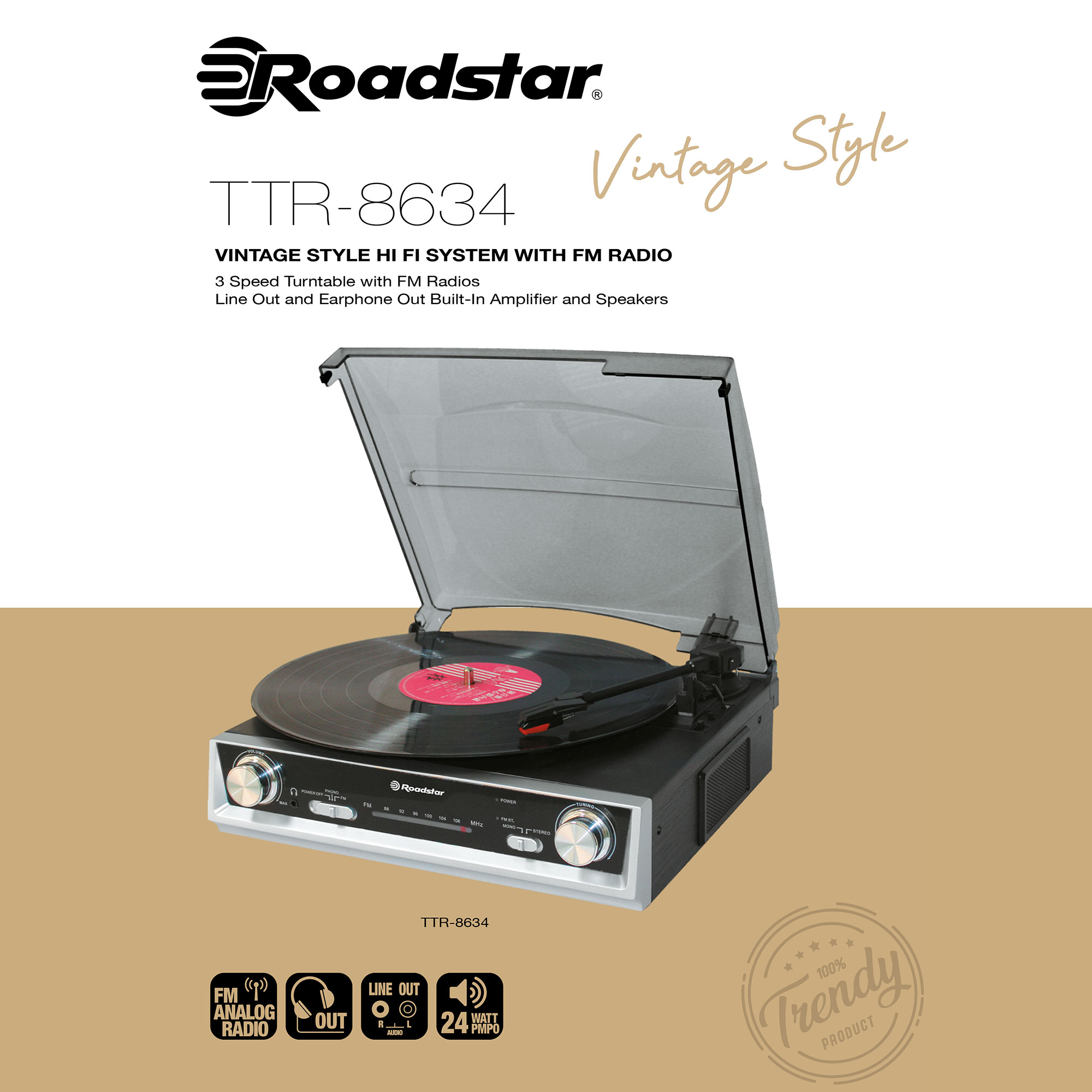 Tocadiscos TTR-8634 ROADSTAR, USB, 33-45-78 RPM, Negro