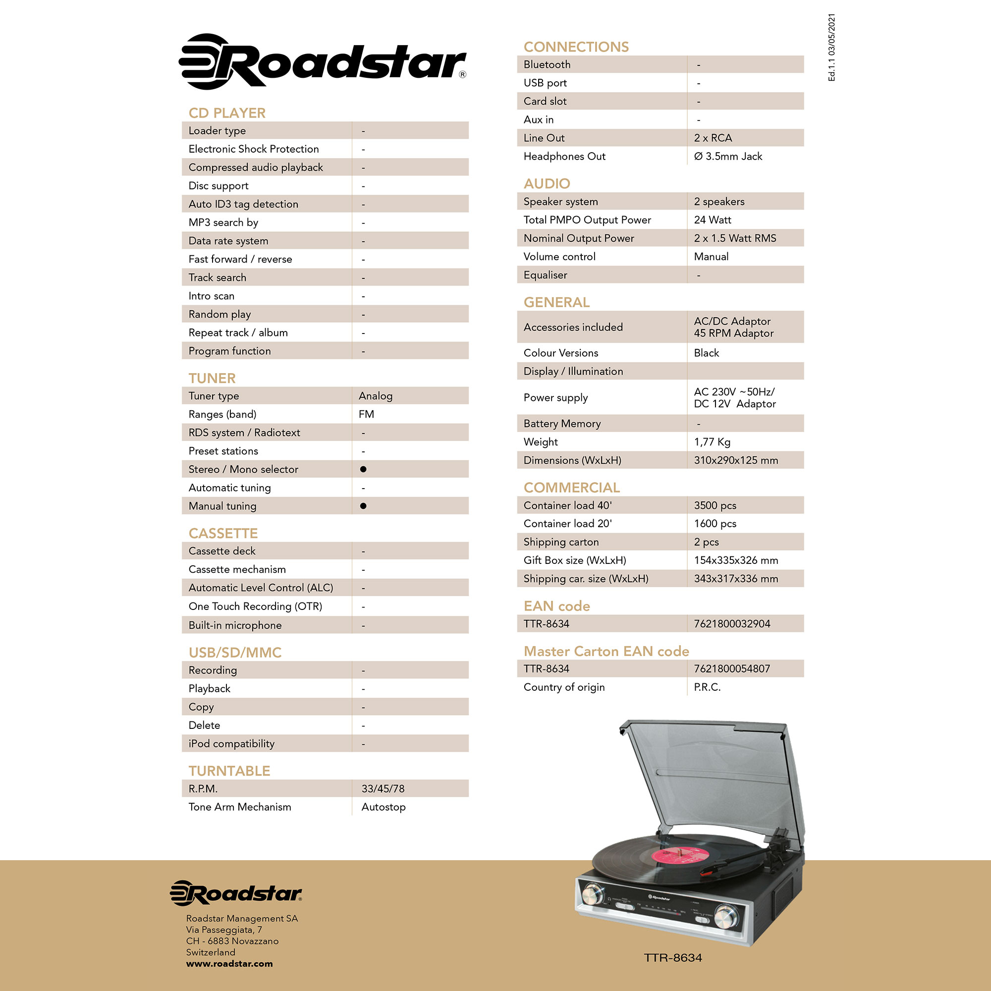 Un reproductor de CD Roadstar con tocadiscos. Tiene un esquema de color negro y plateado con etiquetas.