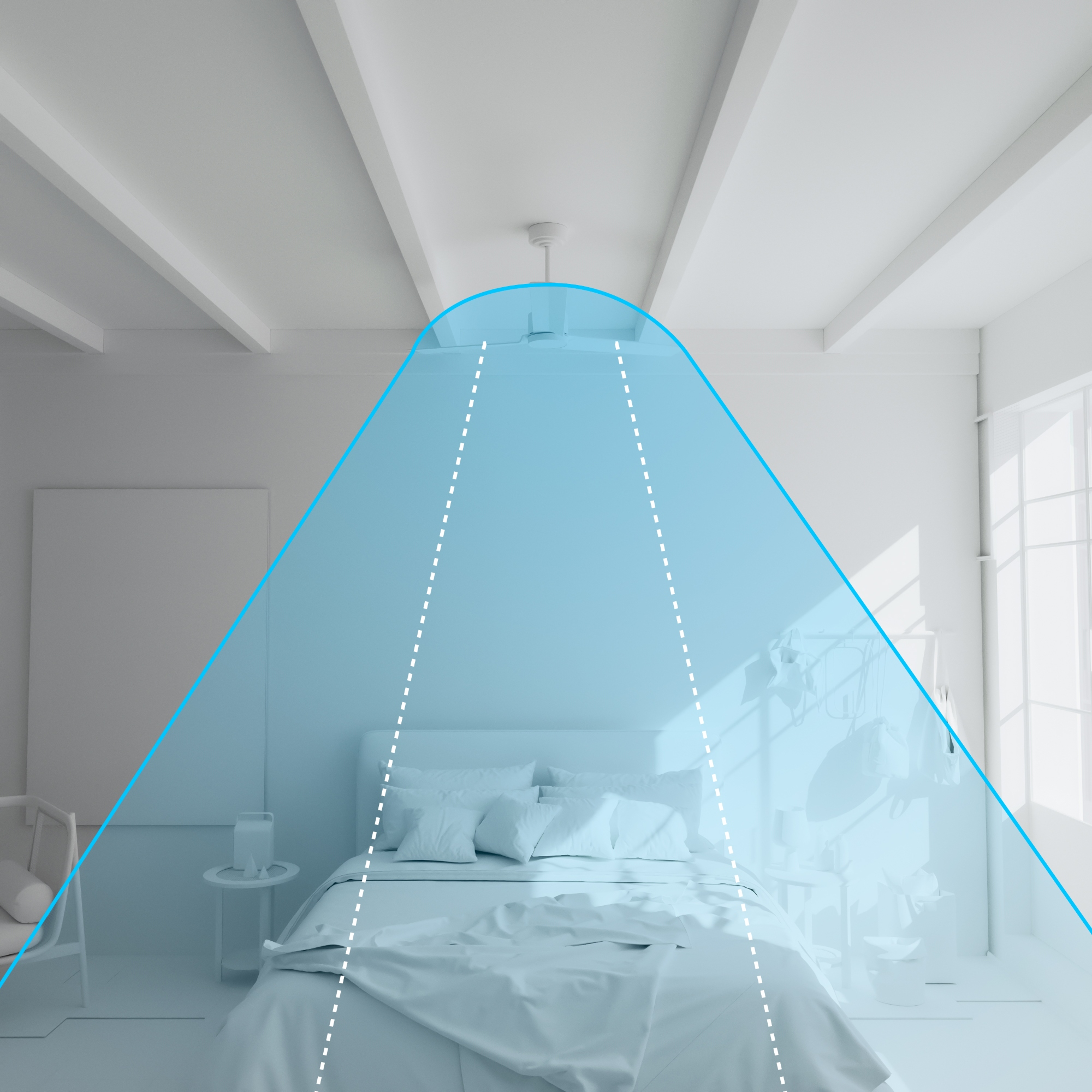 Un interior de dormitorio blanco con una cama, ventilador de techo y una superposición de luz azul.