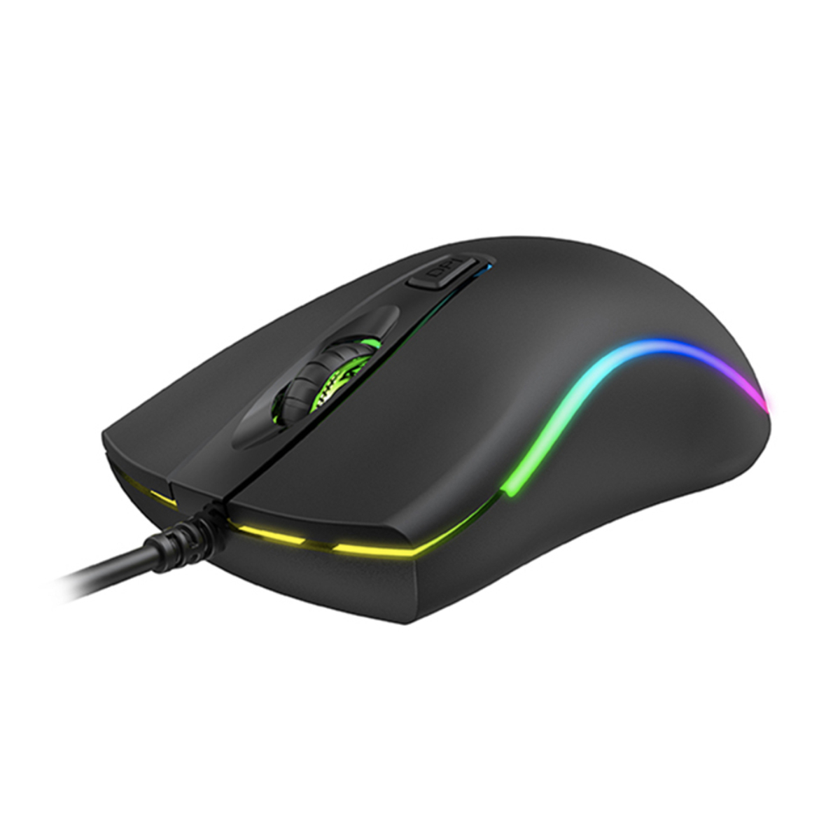 Ratón gaming negro con iluminación RGB en los lados y rueda de desplazamiento, conectado por cable.
