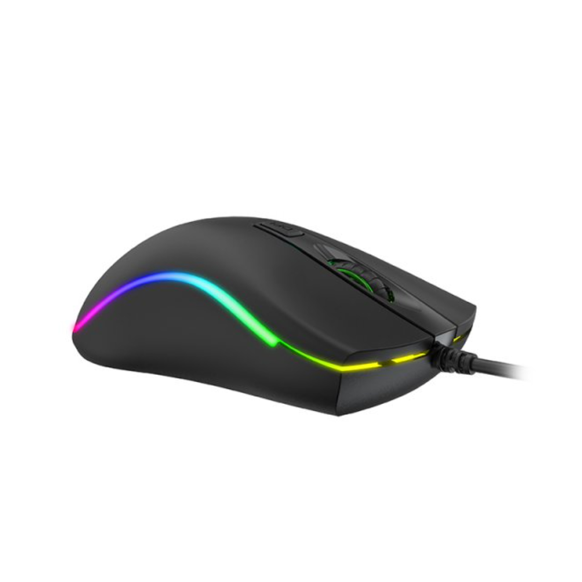 Ratón gaming negro con tira de luz arcoíris. Rueda, botones y cable.