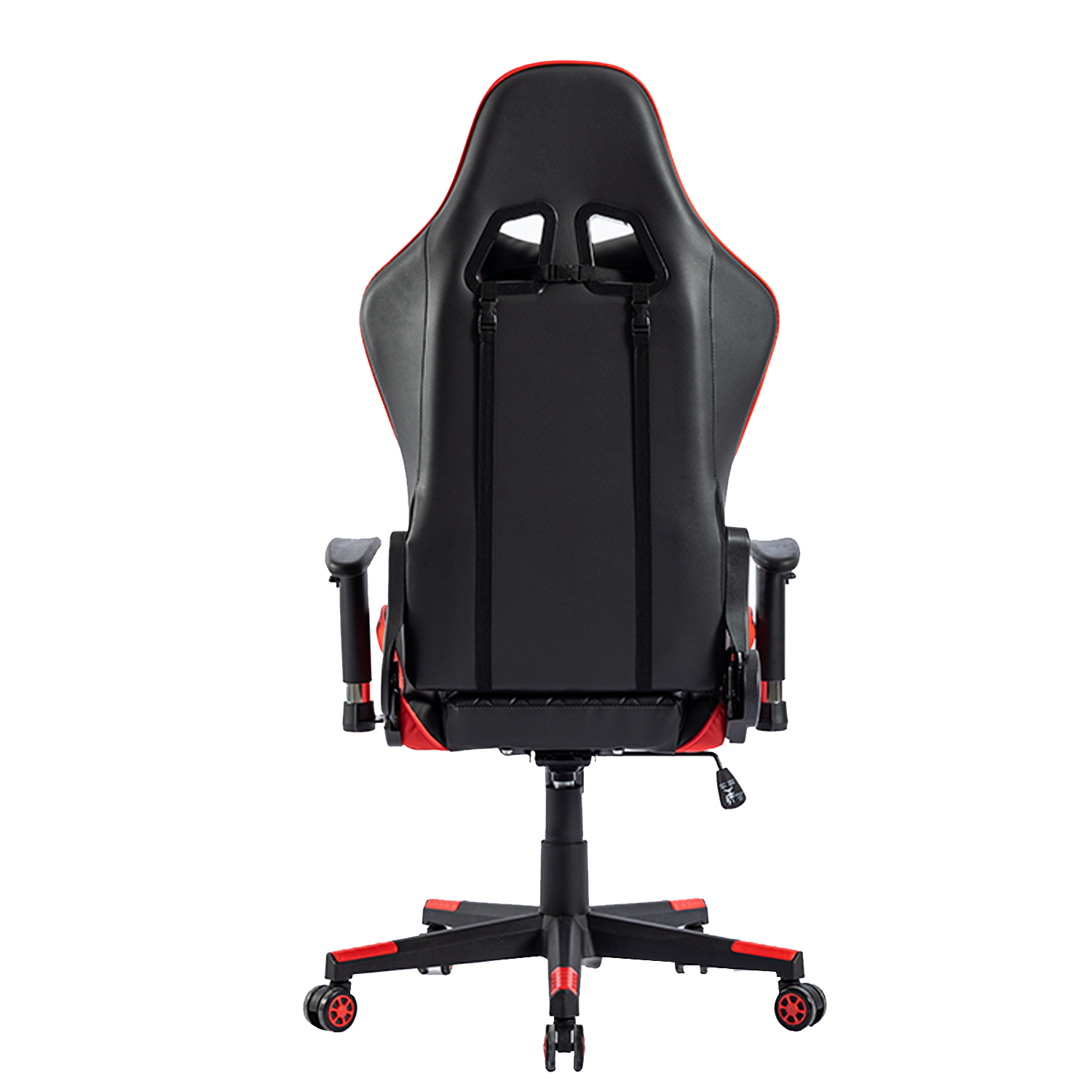 Rückansicht eines schwarz-roten Gaming-Stuhls. Er hat einen hohen Rücken mit Gurten und roten Akzenten.