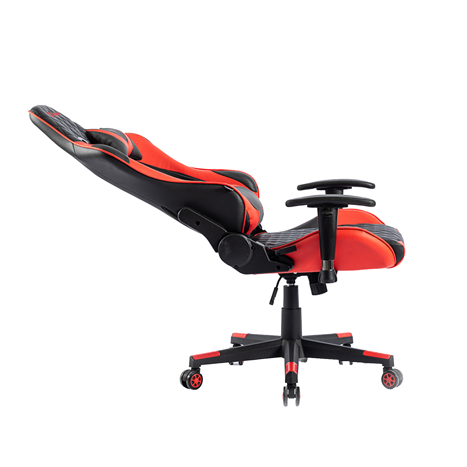 Roter und schwarzer Gaming-Stuhl. Er ist nach hinten geneigt, mit schwarzem Sockel und roten Rollen.