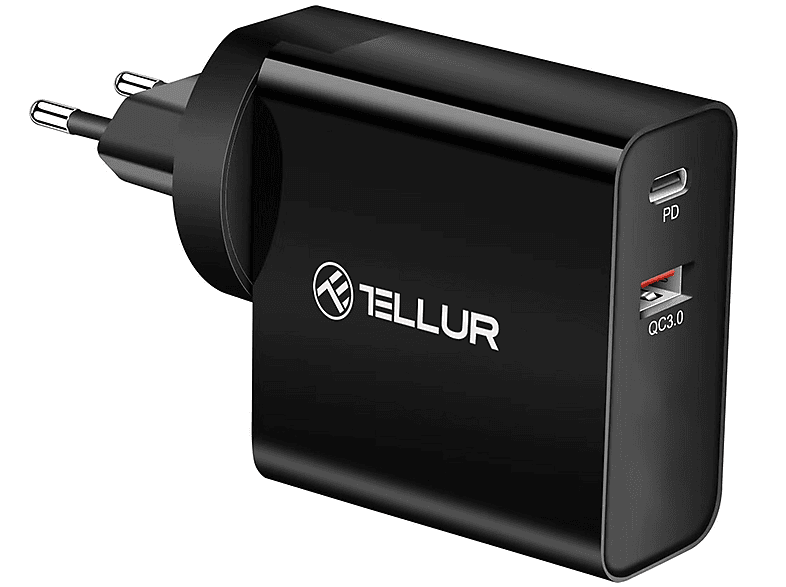 100-240 PD30W Steckeradapter PDHC1 EU, Smartphone, Tablet, + NA, Schwarz NA, Volt, QC3.0, 3 TELLUR (US, 48W, UK) Dual-Port-PD-Ladegerät