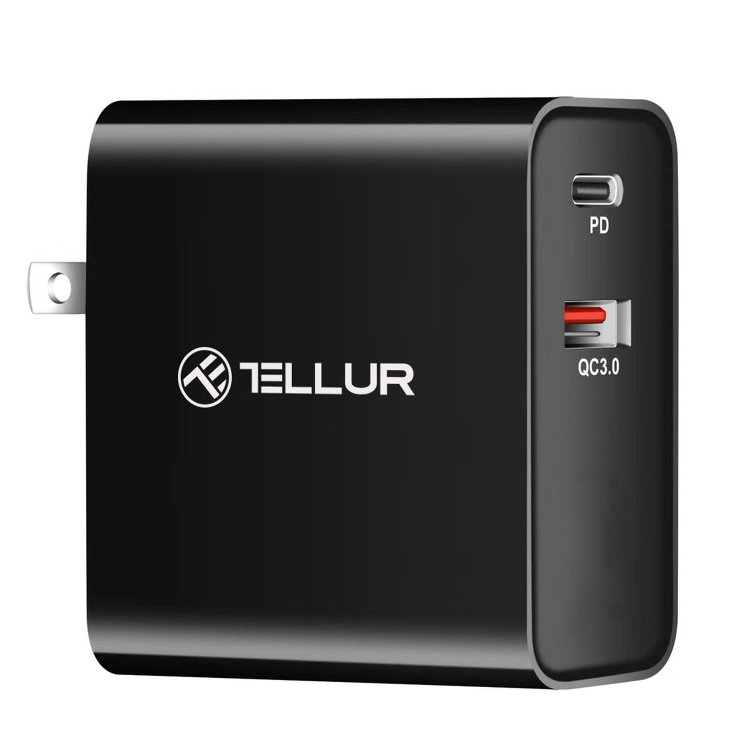 Adaptador de corriente negro con enchufe de EE. UU. y marca 'TELLUR'. Puertos PD y QC3.0.