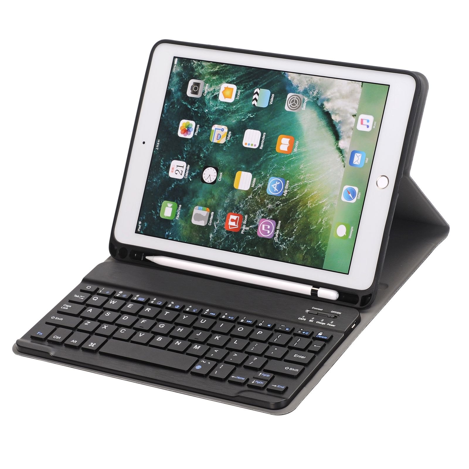 LOBWERK 9.7 Tastatur Kunststoff, Pro Blau (Bluetooth Apple für Cover) Schutzhülle Bookcover iPad Set 2in1 2016 +
