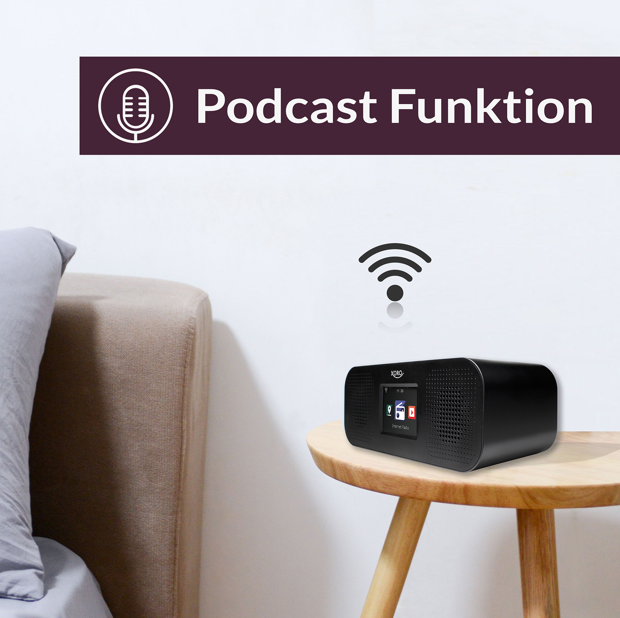 Schwarzer Lautsprecher auf einem Holztisch, mit einem Podcast-Funktionssymbol und Text darüber.