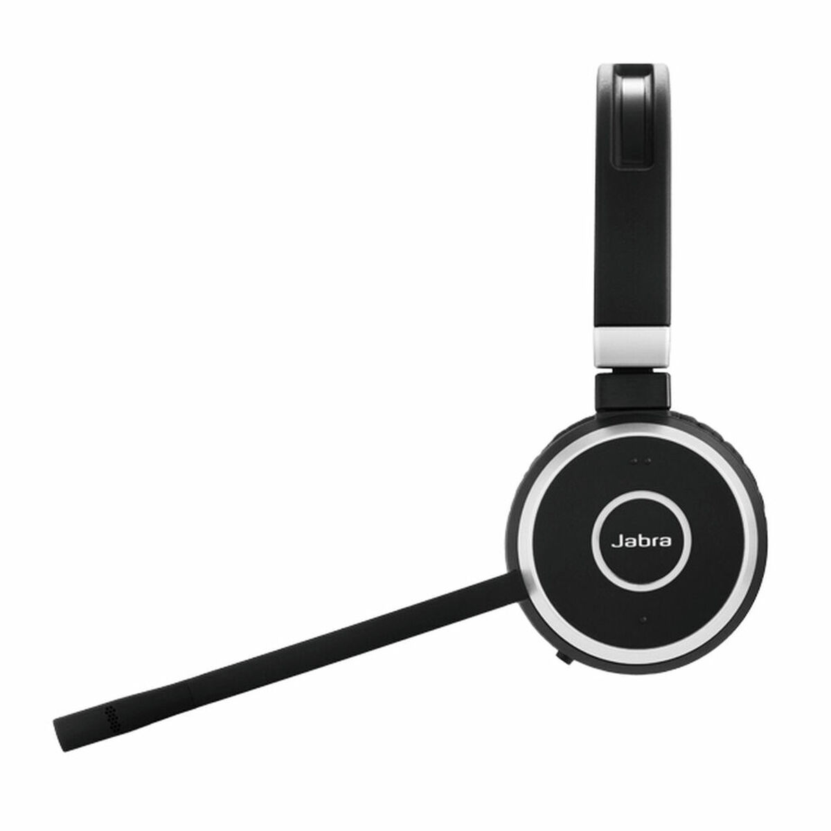 Zwarte Jabra-headset met microfoon, zijaanzicht, op witte achtergrond.