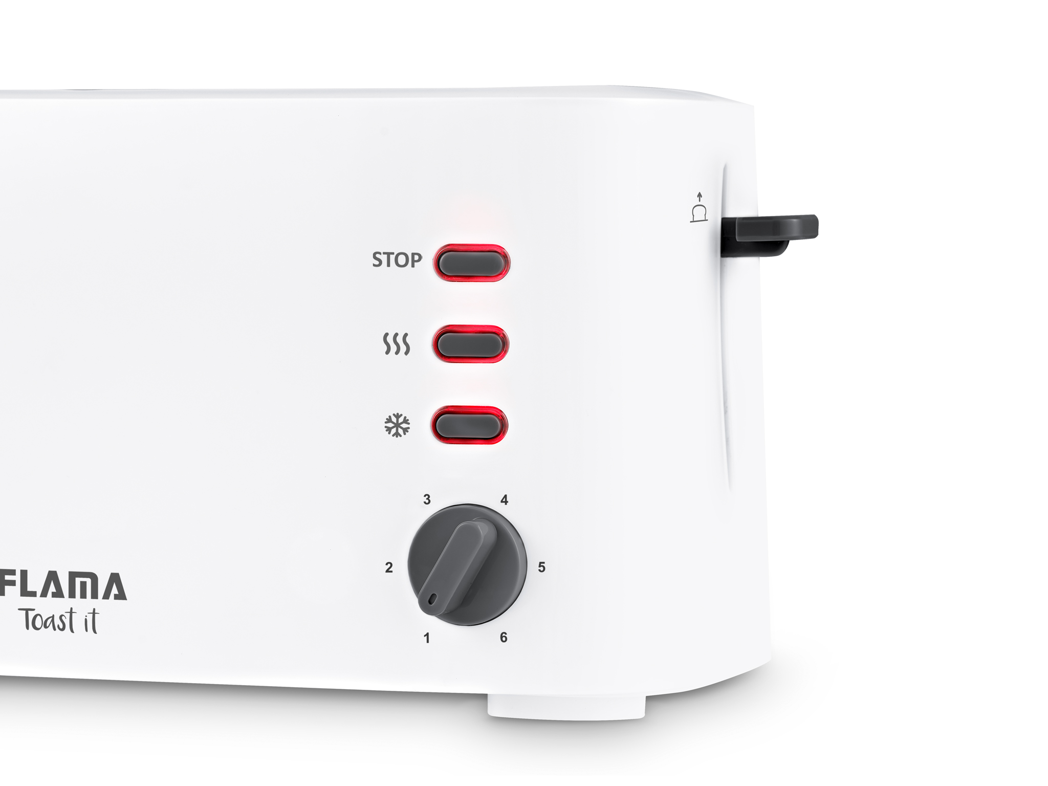 Biały toster z przyciskami i pokrętłem. Czerwone światła wskazują ustawienia.