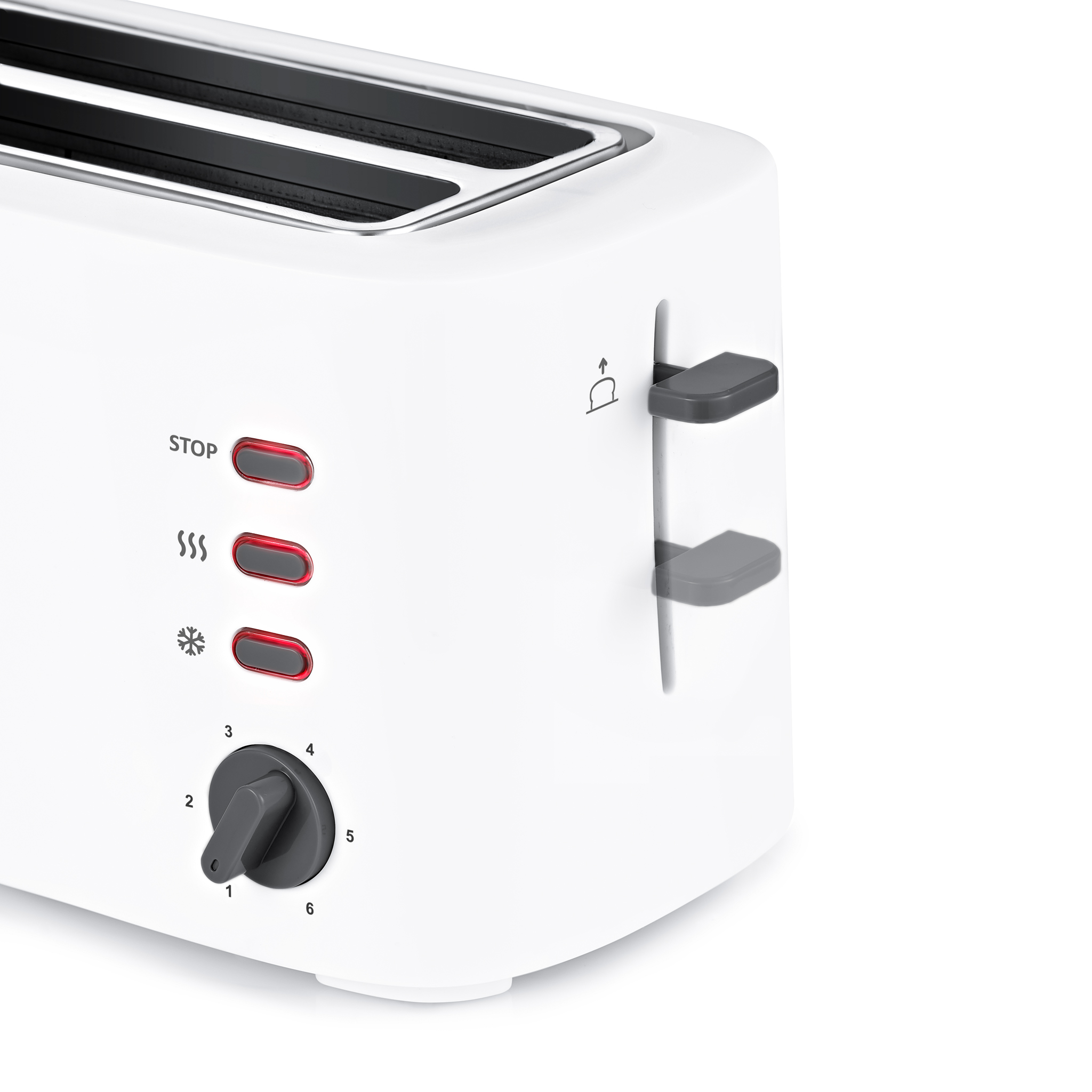 Biały toster z czerwonymi przyciskami, pokrętłem ustawień i dźwignią.