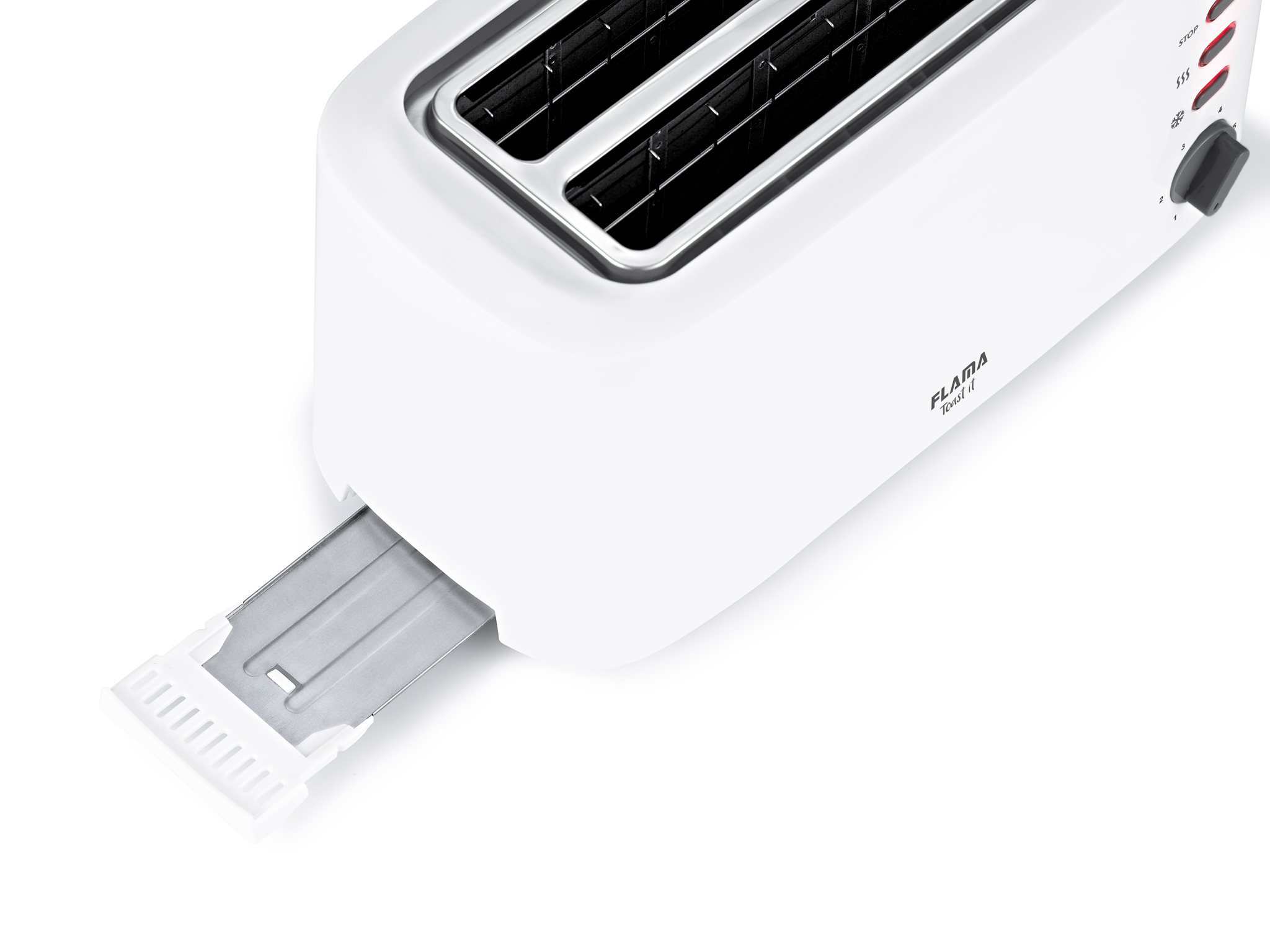 Biały toster z otwartą szufladą na okruchy. Ma logo 'Flama' i pokrętło do ustawień.