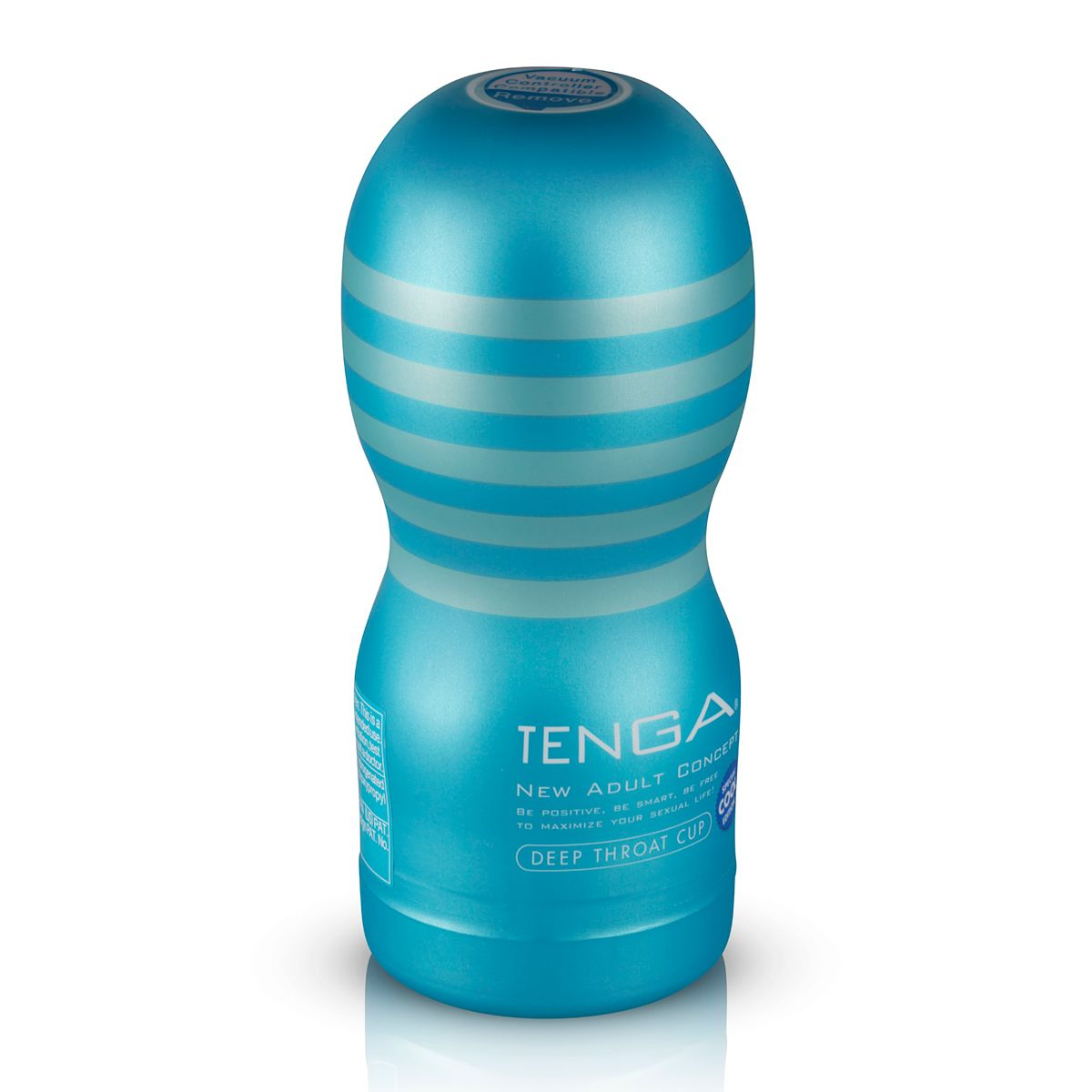 Ein blauer Tenga Deep Throat Cup mit Etikett steht vor weißem Hintergrund.