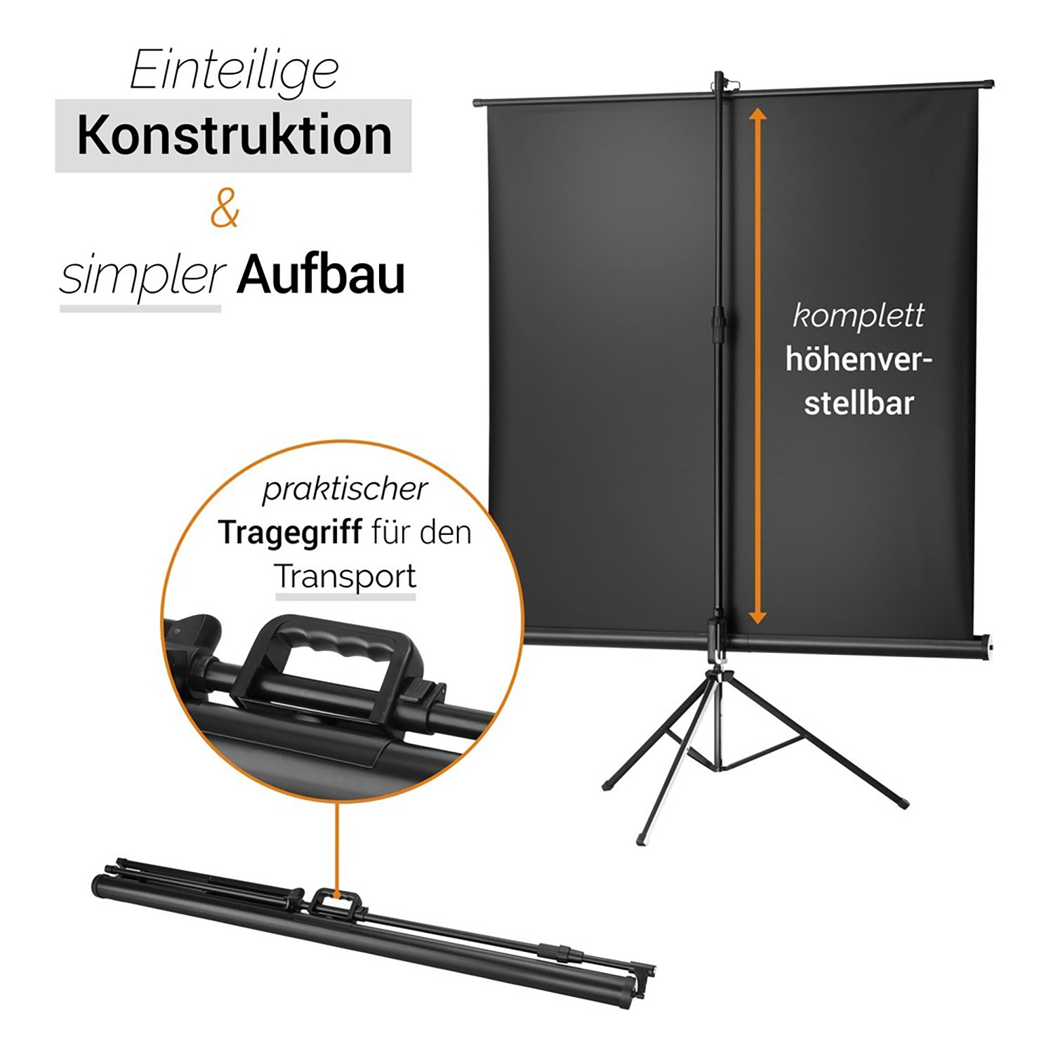 Eine schwarze Projektionsleinwand mit Ständer, mit Nahaufnahme von Griff und Konstruktion.