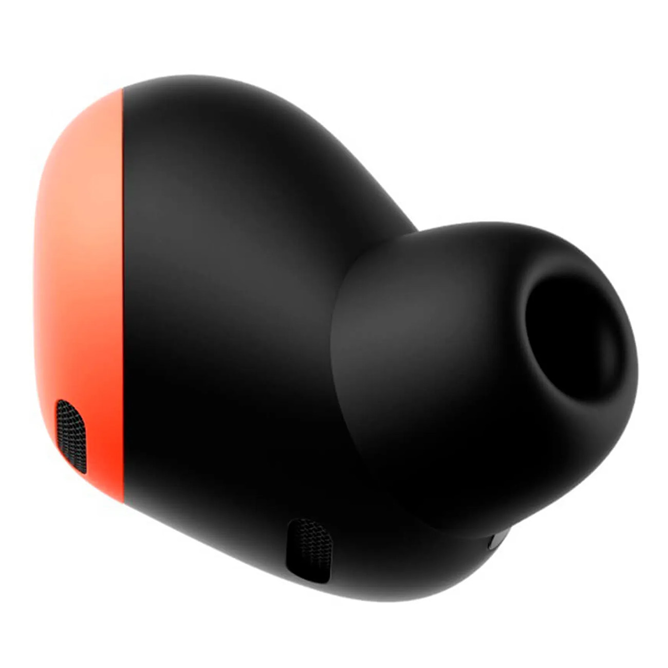 Czarna słuchawka z pomarańczowymi akcentami. To zbliżenie jednej słuchawki, pokazujące jej kształt.