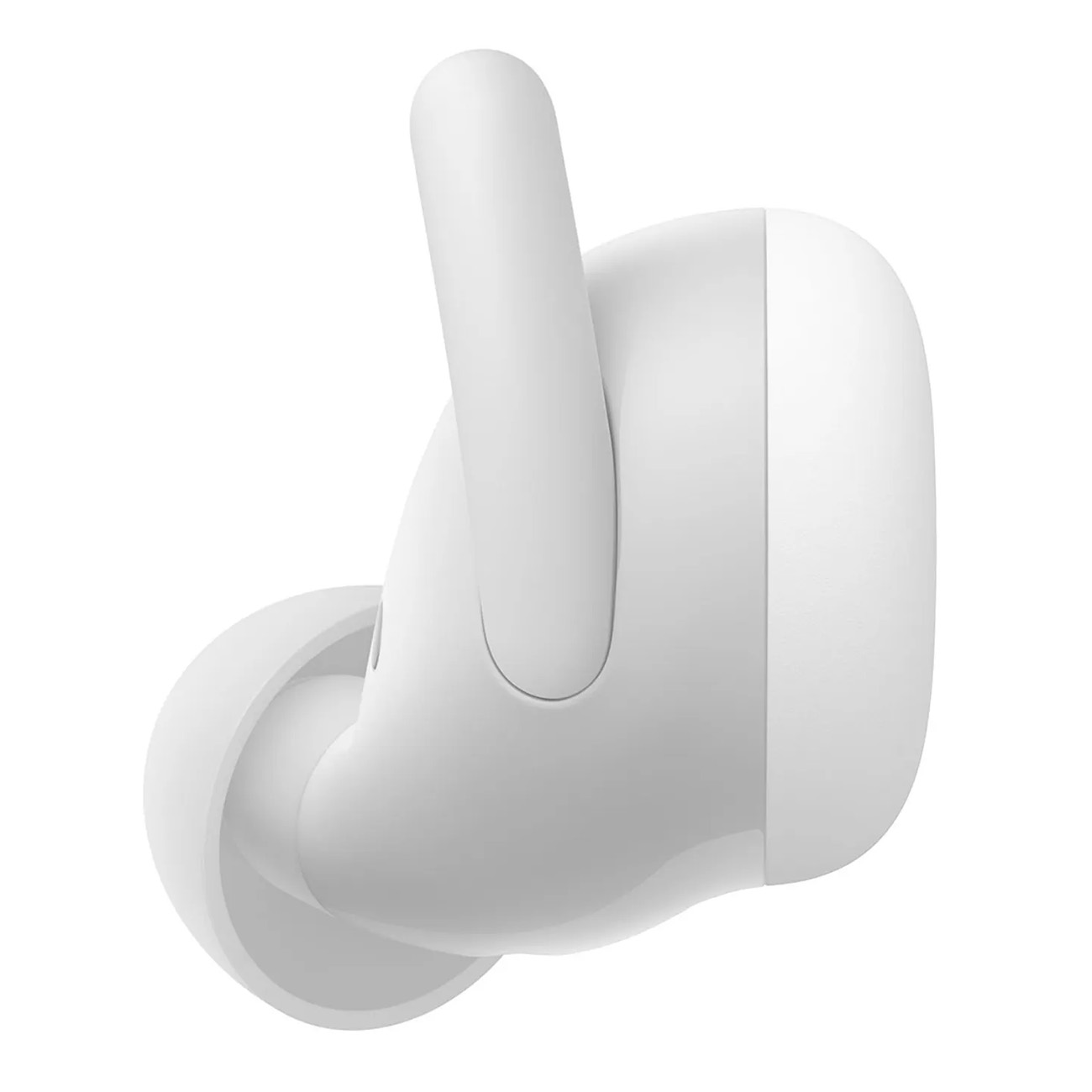Biała słuchawka, widok z boku, z trzpieniem. Tło jest białe.