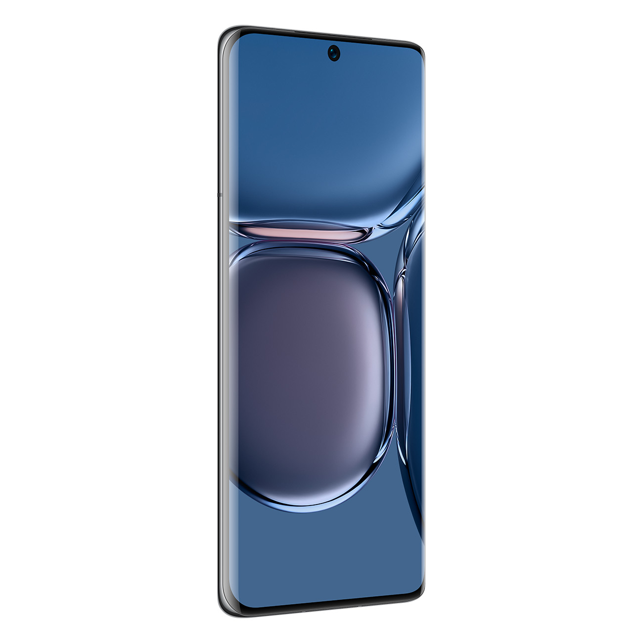 Un smartphone moderno con una pantalla curva, que muestra un fondo azul y morado.