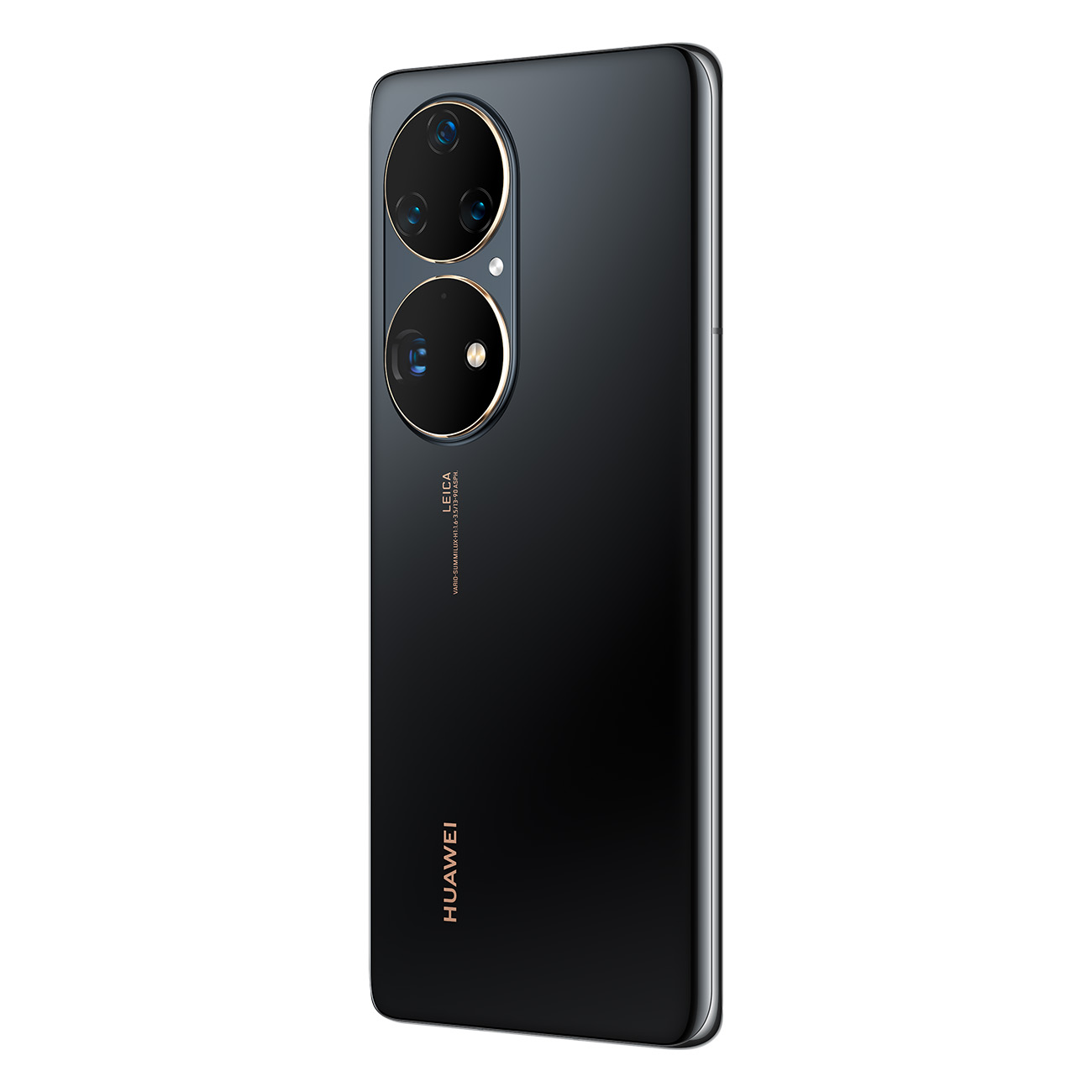 Smartphone Huawei negro con cámaras Leica. El teléfono se muestra por detrás, con detalles dorados.