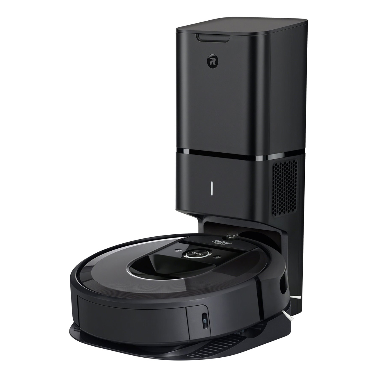 Czarny odkurzacz automatyczny z bazą ładującą, pokazujący urządzenie i stację dokującą.