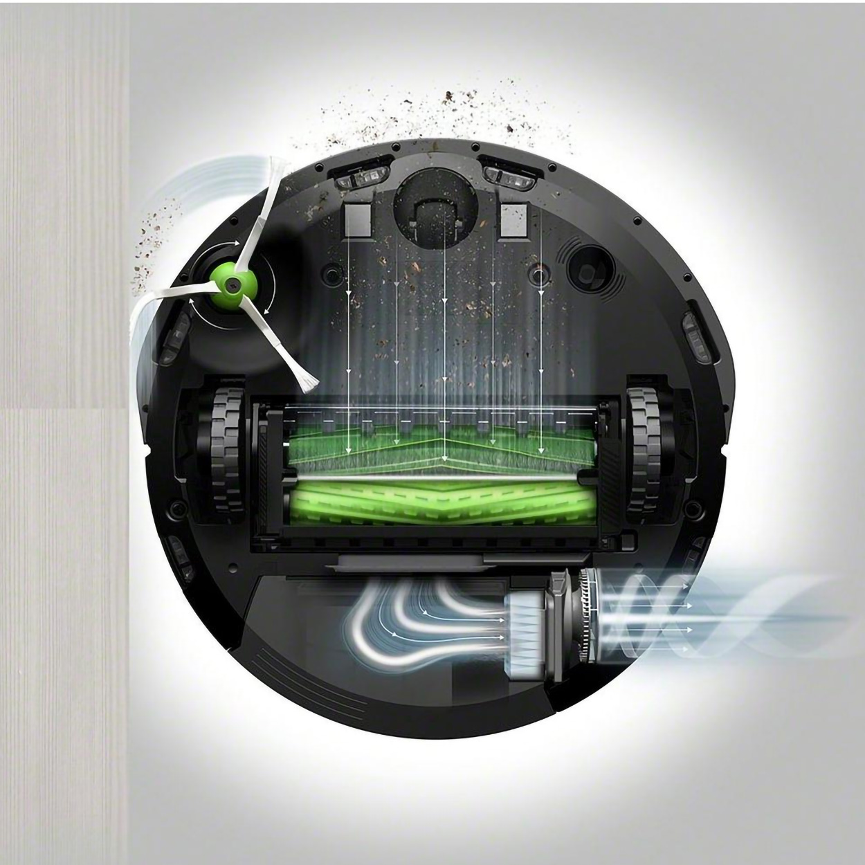 Odkurzacz robot, widok z góry, pokazujący szczotki i elementy wewnętrzne. Jasne i białe tło.