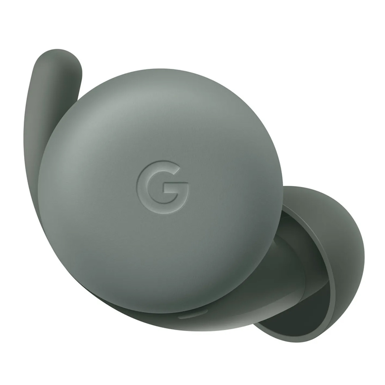 Szare słuchawki Google Pixel Buds, widok z bliska. Słuchawki mają kształt etui ładującego.