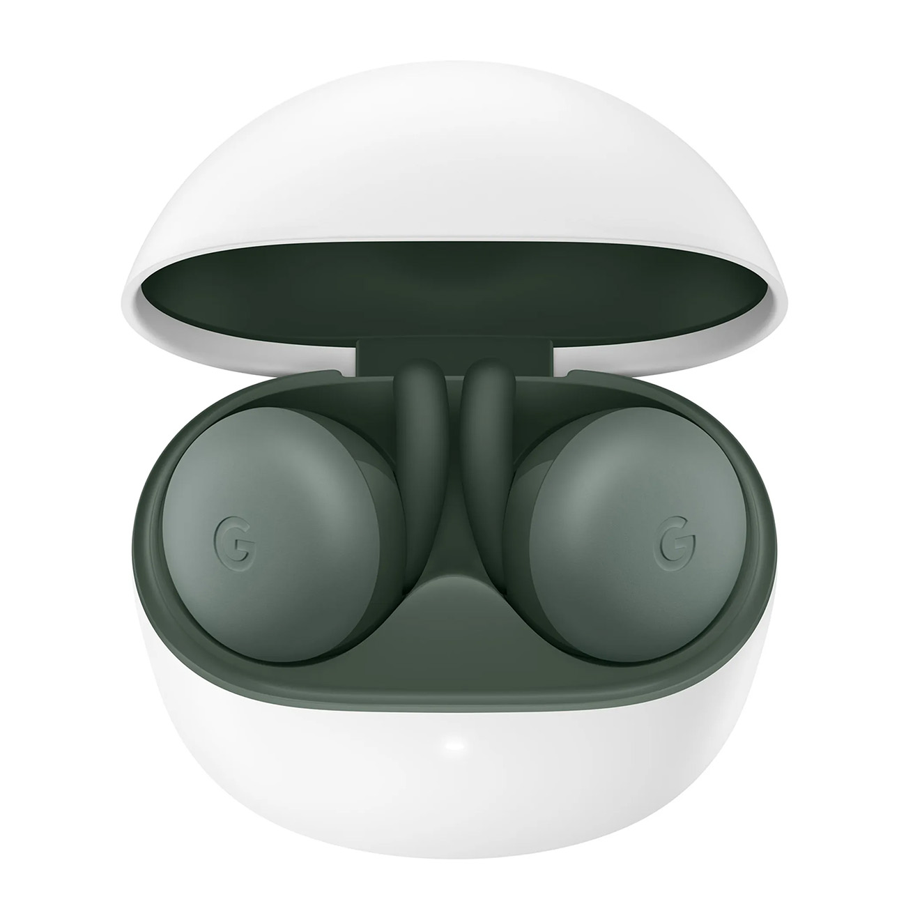 Białe etui ładujące z zielonymi słuchawkami Google Pixel Buds w środku. Słuchawki douszne są w etui.