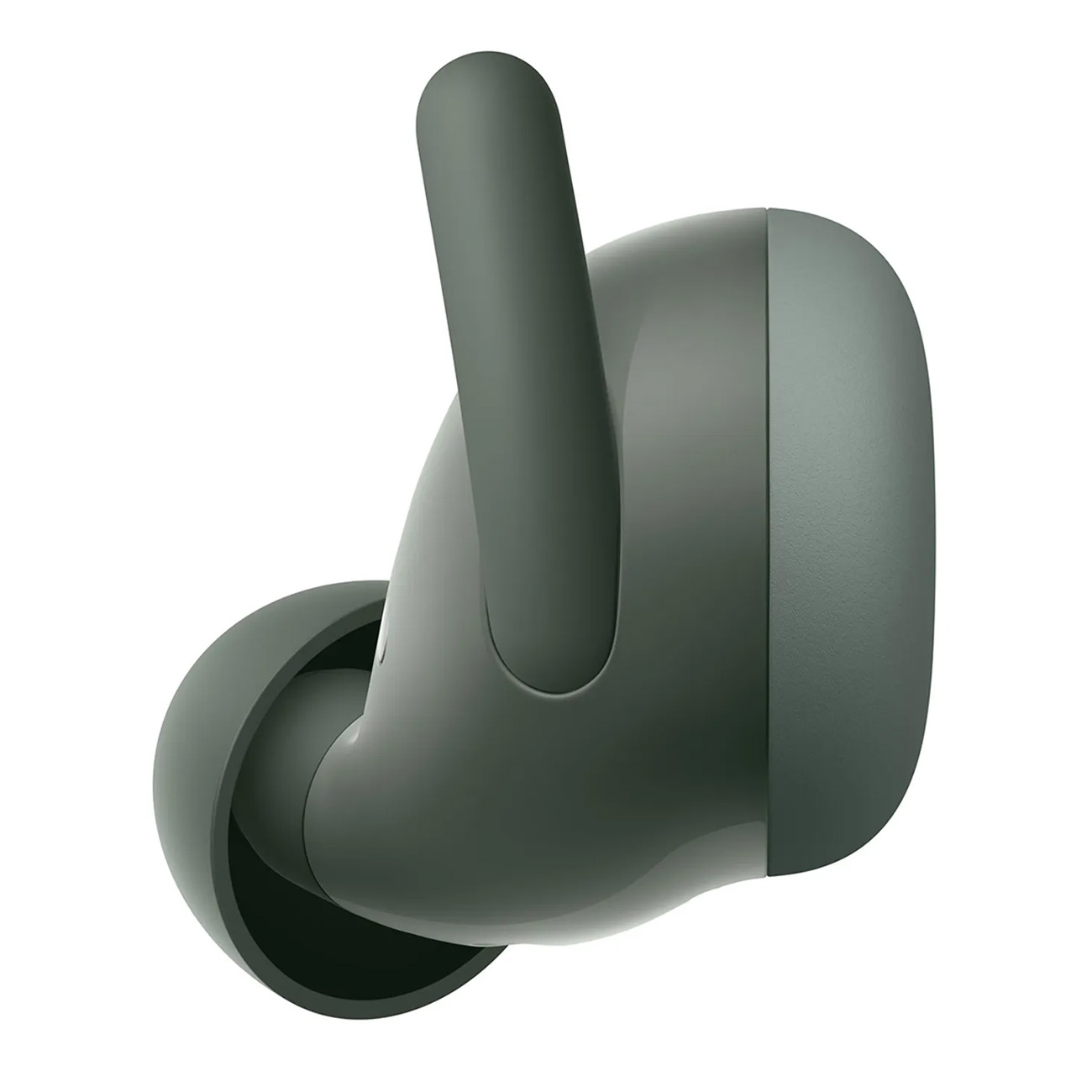 Zbliżenie pojedynczej, ciemnoszarej słuchawki dousznej z kątową płetwą, zaprojektowanej do wkładania do ucha.