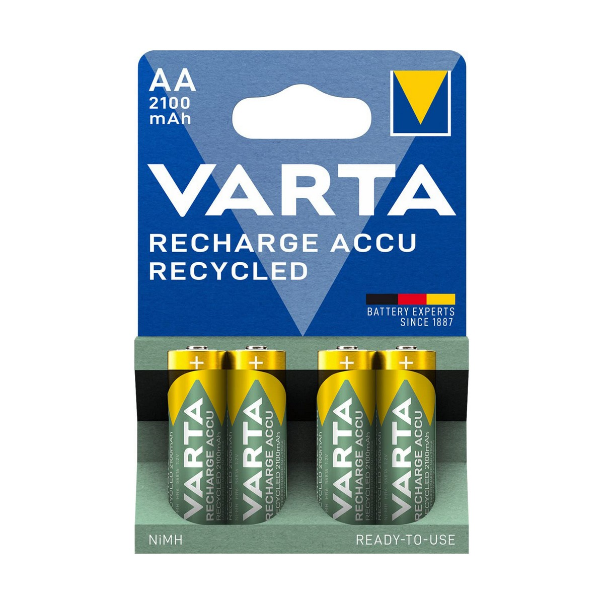 Dwa opakowania baterii AA. Tekst: VARTA, Recharge Accu Recycled. Żółto-czarne baterie ze znakami +.