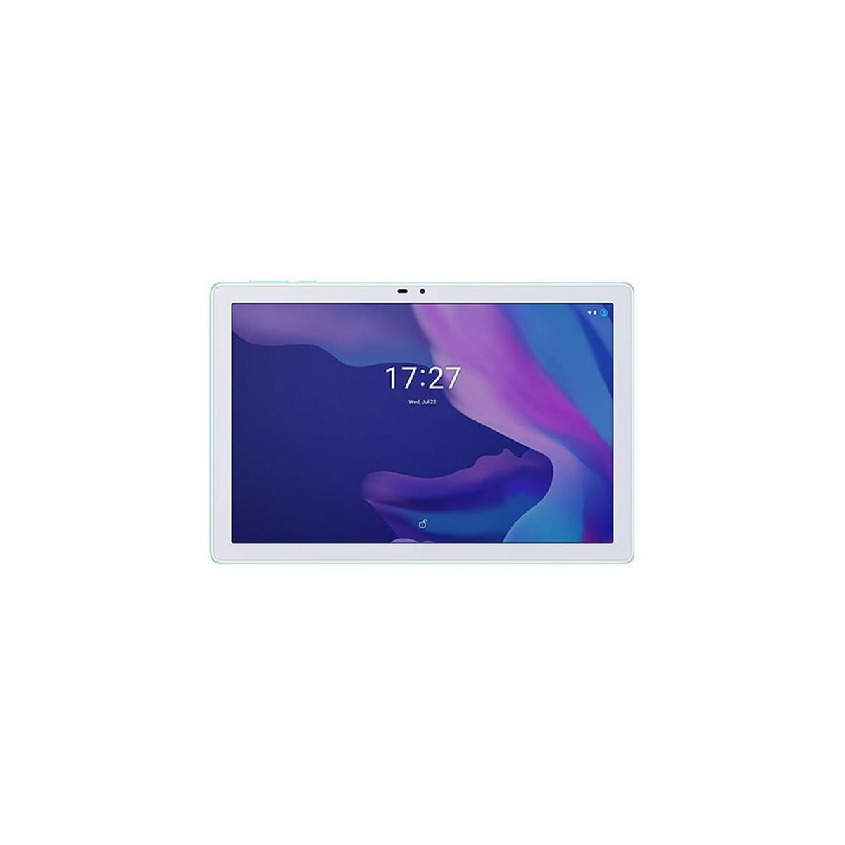 Un tablet con cornice verde chiaro. Mostra l'ora 17:27.