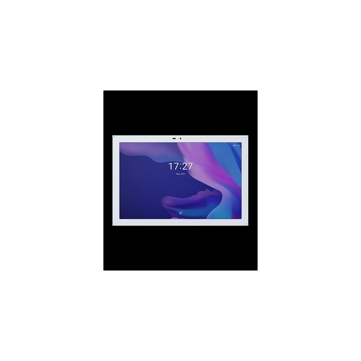 Tablet che mostra uno sfondo astratto blu e viola con l'ora 17:27 sullo schermo.
