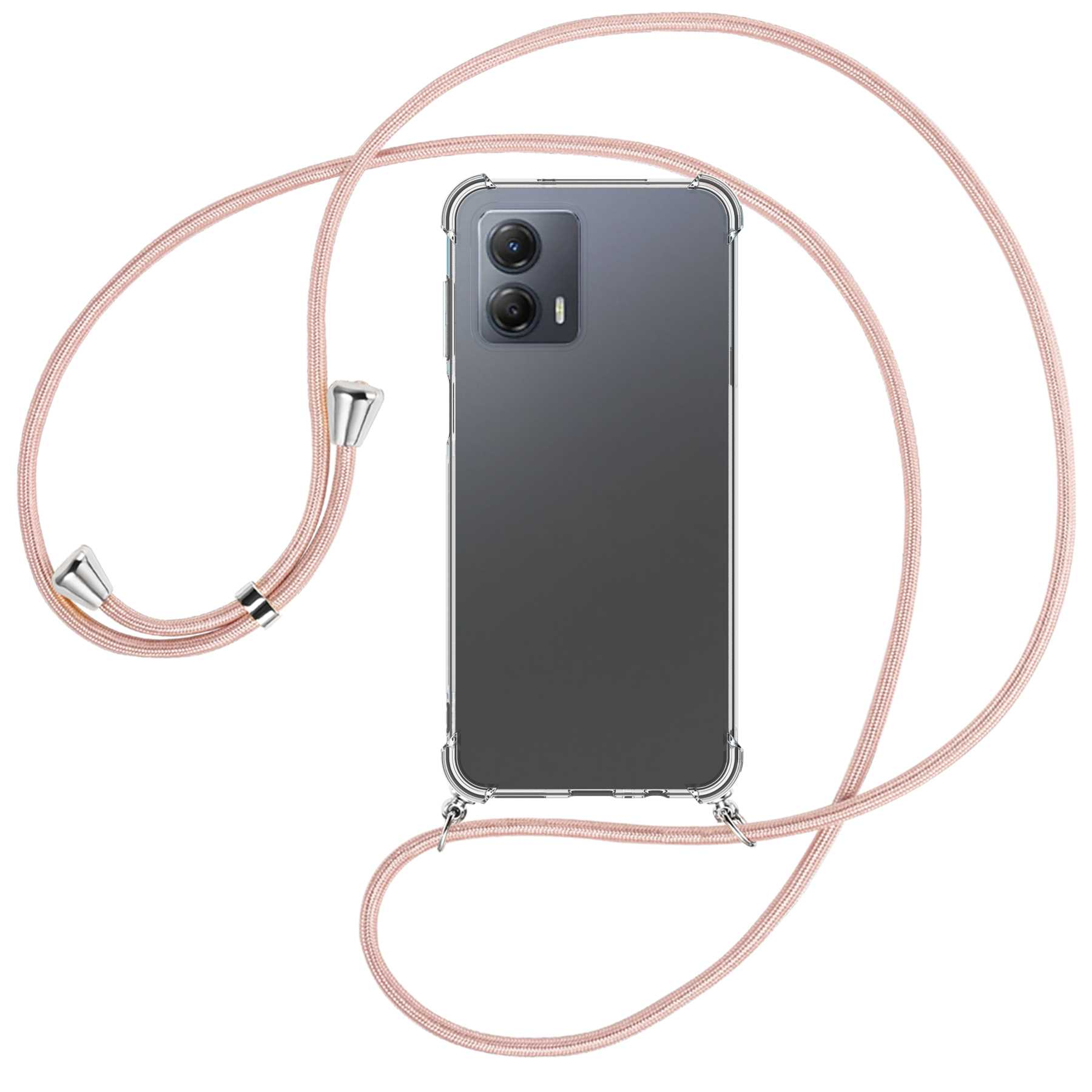 Ein Telefon mit einer Lanyard-Hülle, mit einem rosa Gurt.