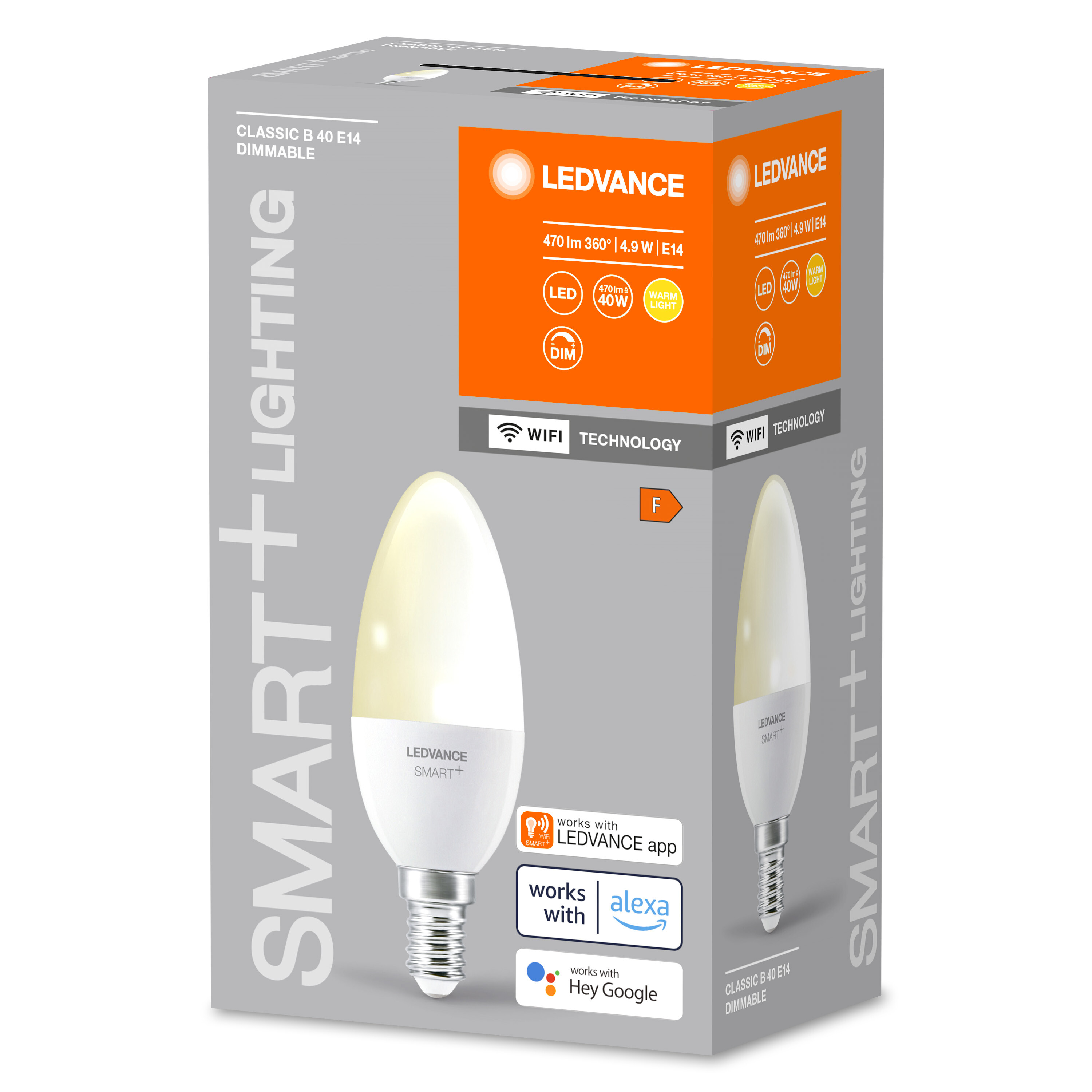 Scatola della lampadina con marchio LEDVANCE. La lampadina è bianca. Funziona con Alexa e Hey Google.