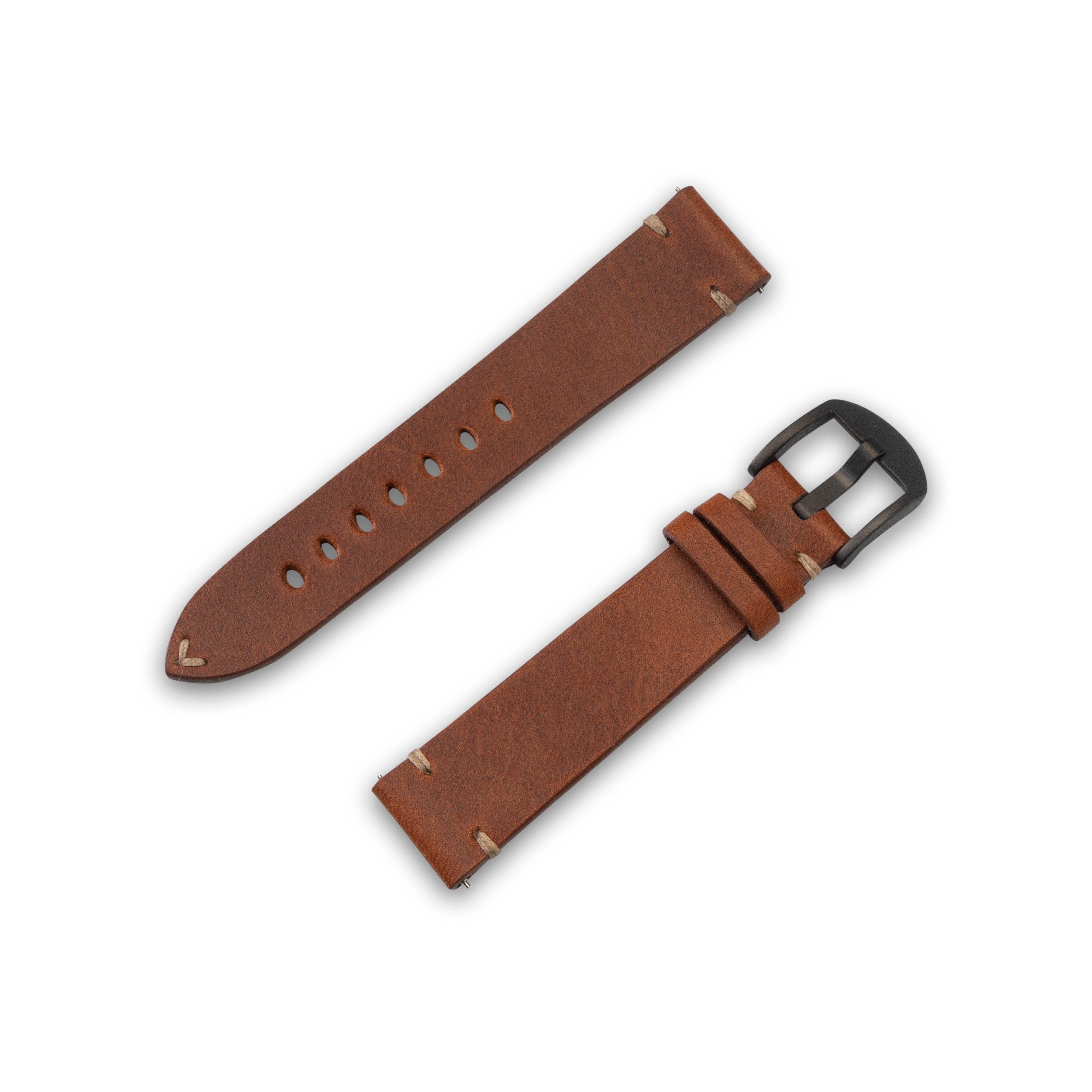 Braune Leder-Uhrenarmbänder, eines mit Schnalle. Weißer Hintergrund.
