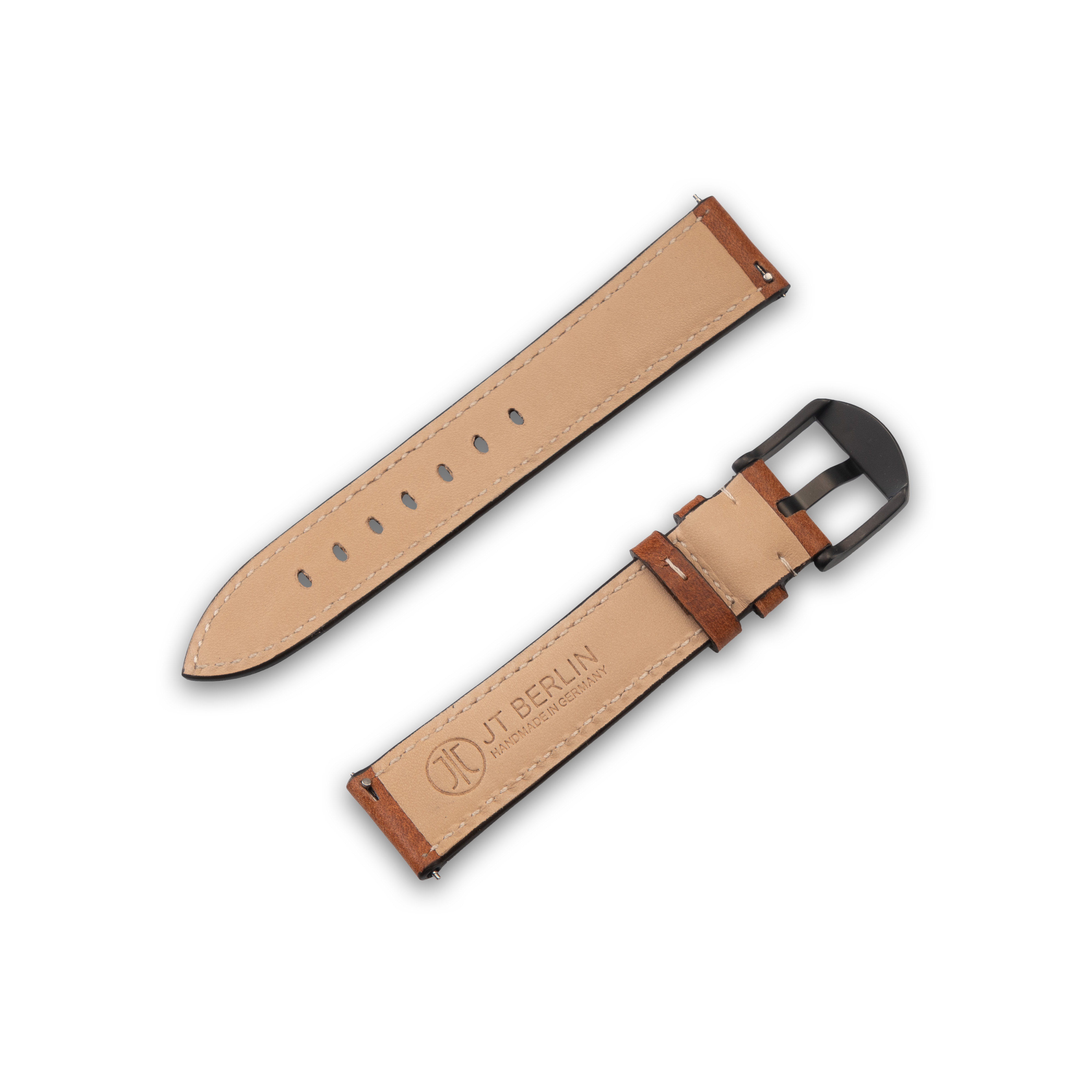 Armband, braunes Leder mit Nähten und Schnalle, offen auf weißem Hintergrund.