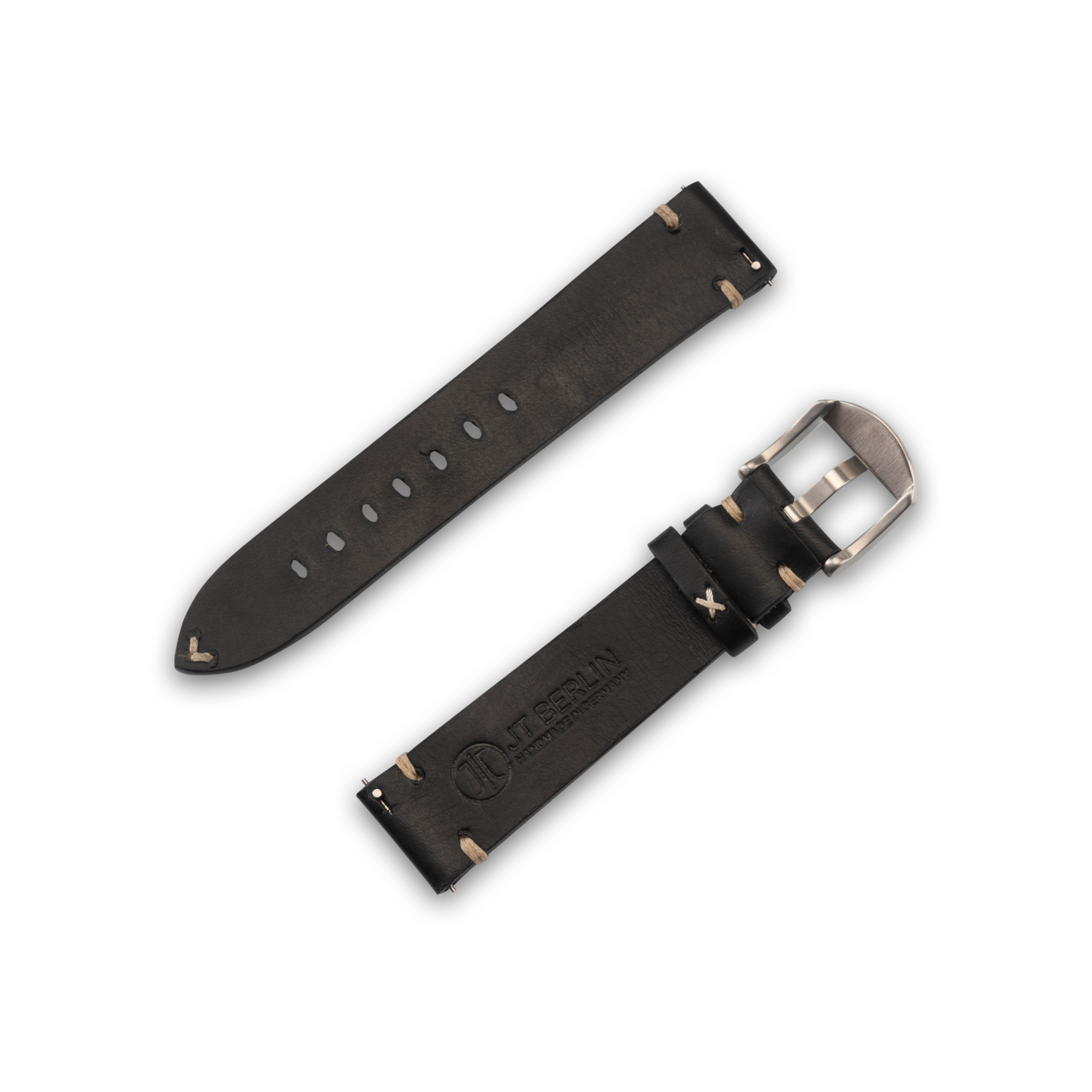Zwei schwarze Leder-Uhrenarmbänder mit hellen Nähten. Eines hat eine Schnalle, das andere Löcher.