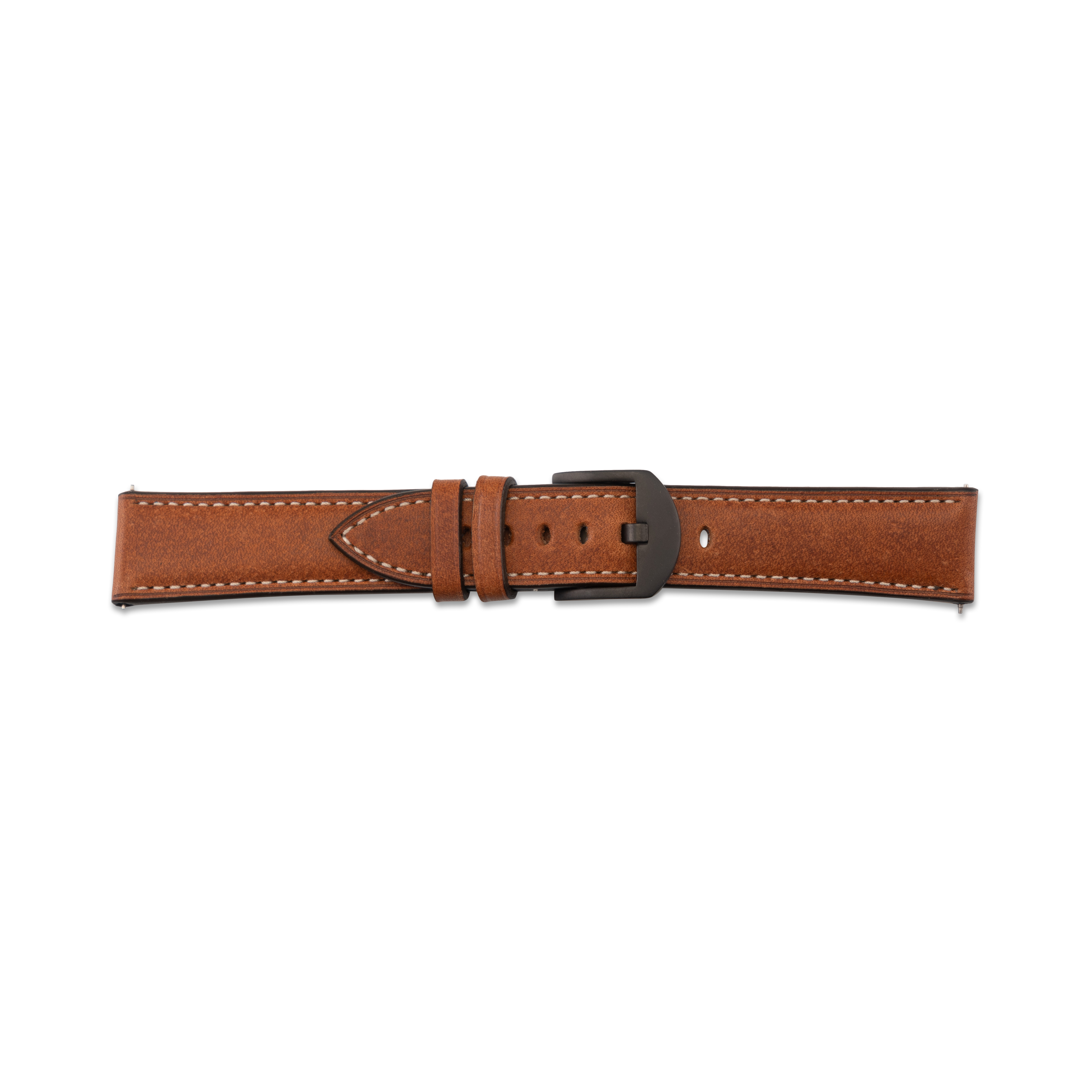 Ein braunes Leder-Uhrenarmband mit dunkler Metallschnalle, auf weißer Oberfläche liegend.